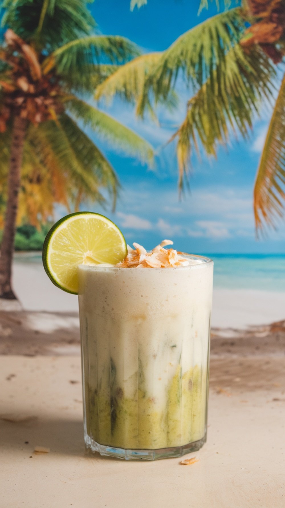 A refreshing Coconut Lime Zest smoothie topped with toasted coconut and a lime slice, set against a tropical beach background.