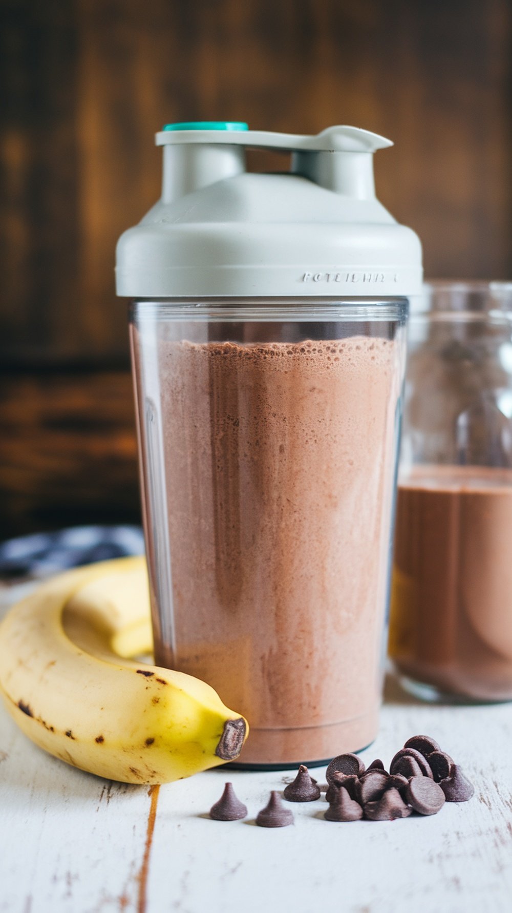 A chocolate banana protein shake in a shaker bottle with a banana and chocolate chips nearby.