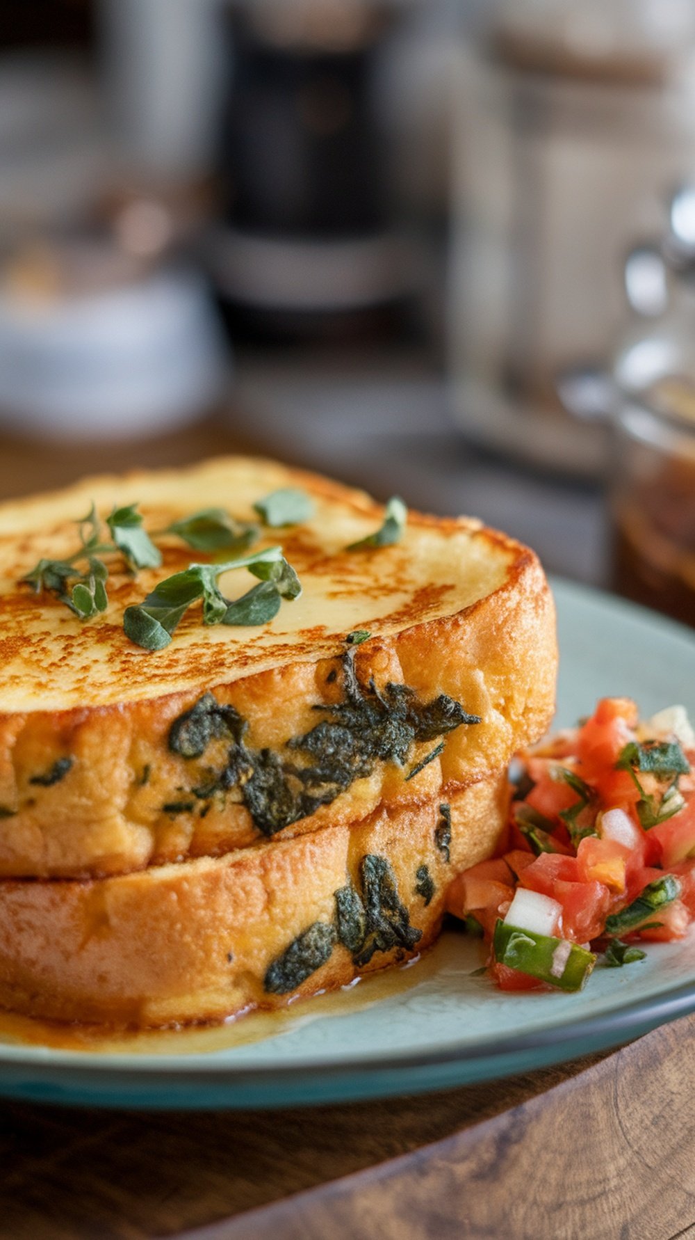Savory spinach and cheese French toast served with tomato salsa.