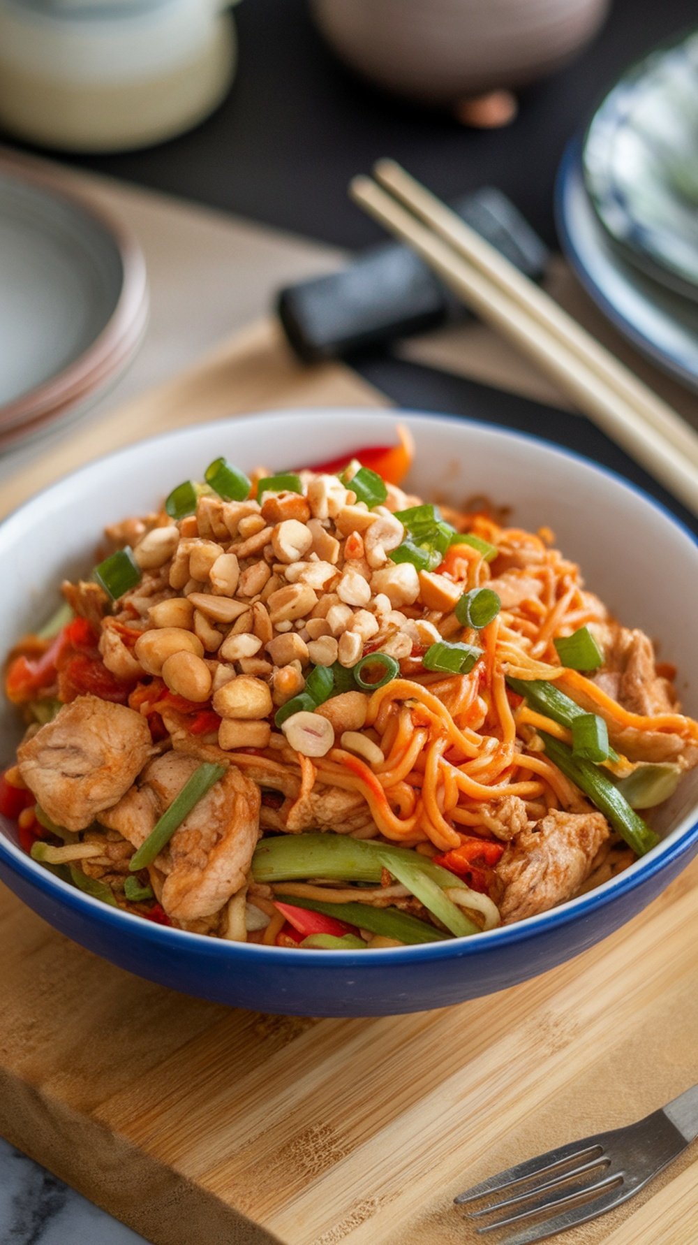 A bowl of peanut chicken noodle stir-fry with chicken, noodles, vegetables, and peanuts.