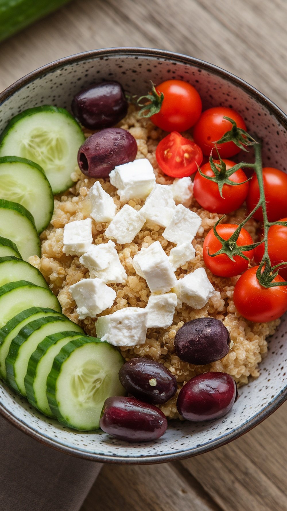 A Mediterranean quinoa bowl with cucumber, cherry tomatoes, olives, and feta cheese.