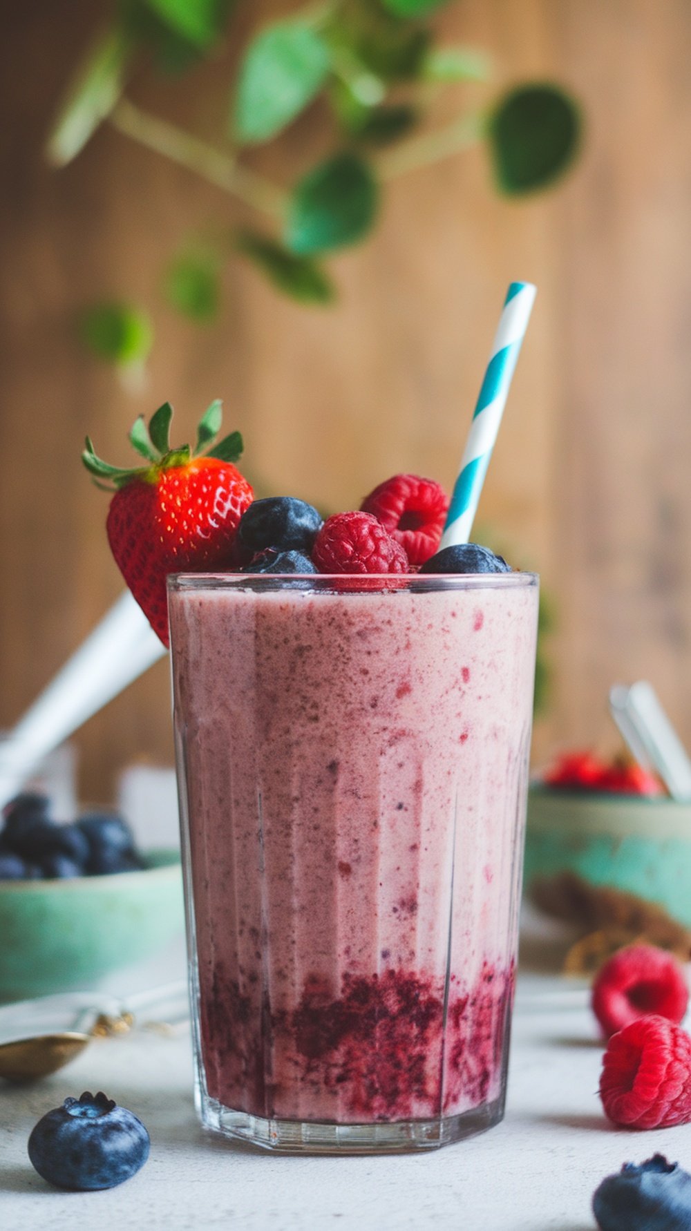 A Berry Blast Açaí Smoothie topped with mixed berries and a straw
