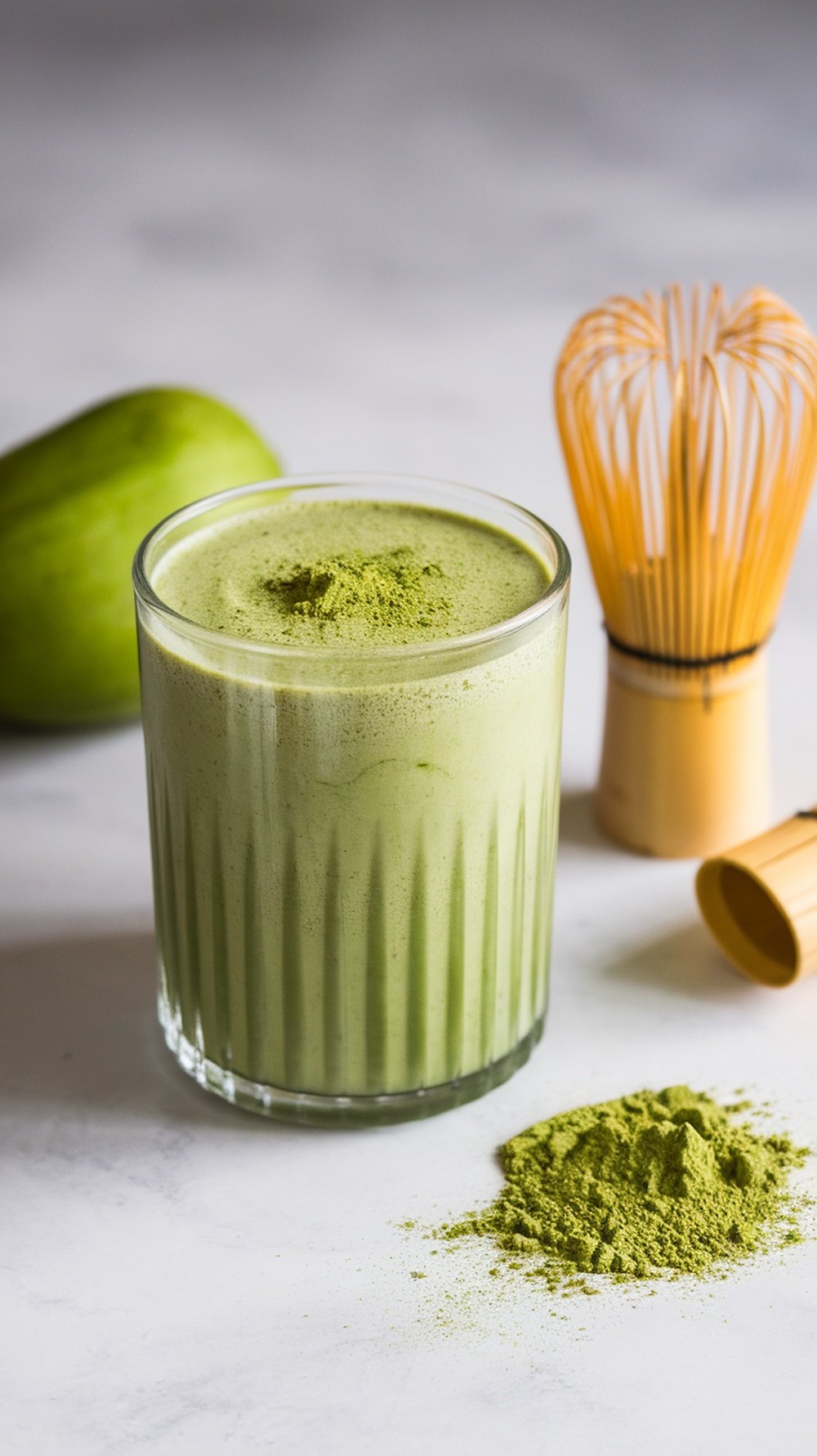A refreshing Matcha Green Tea Smoothie in a glass with matcha powder and a whisk nearby.