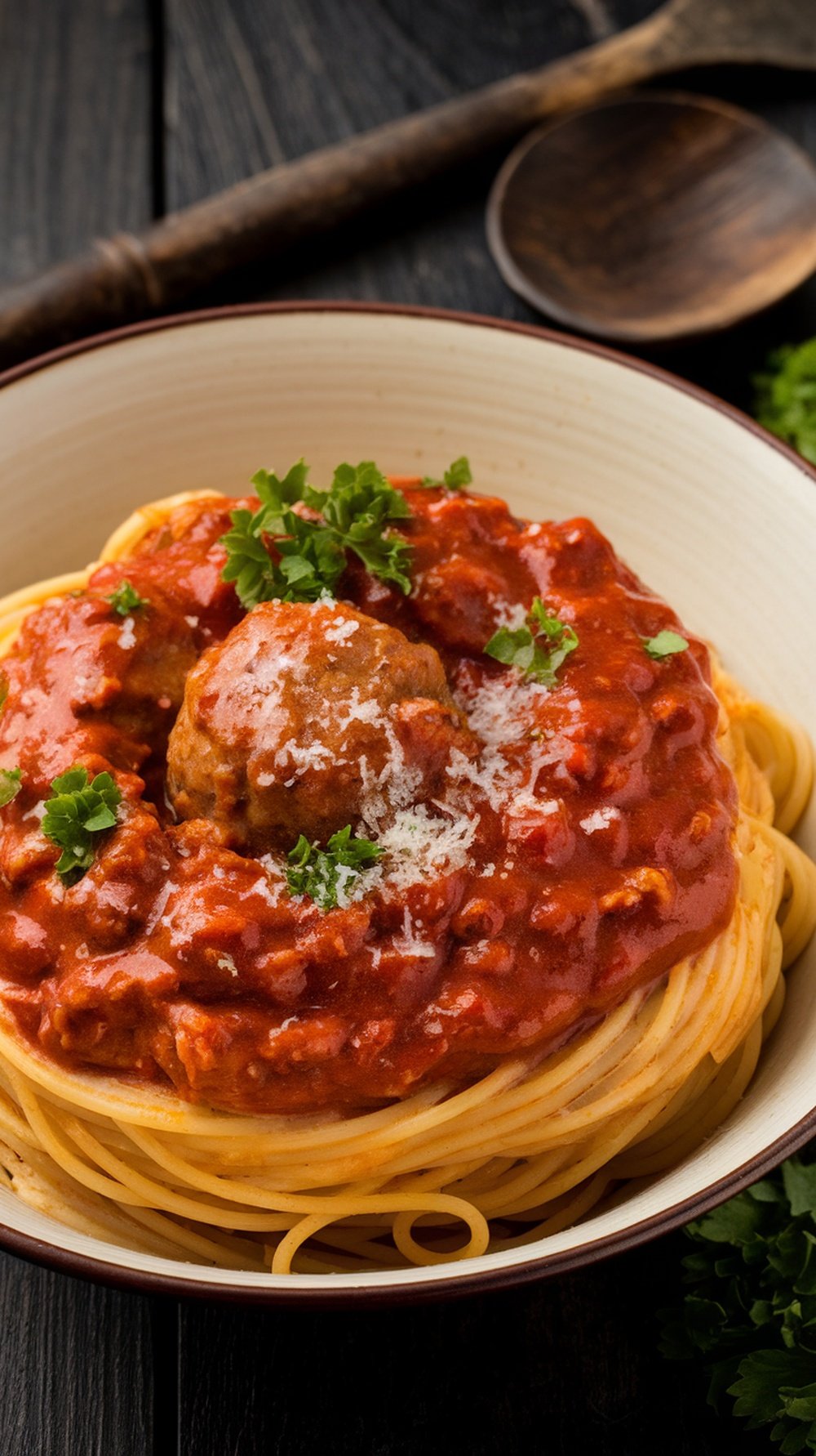 A bowl of spaghetti topped with meat sauce and garnished with parsley.