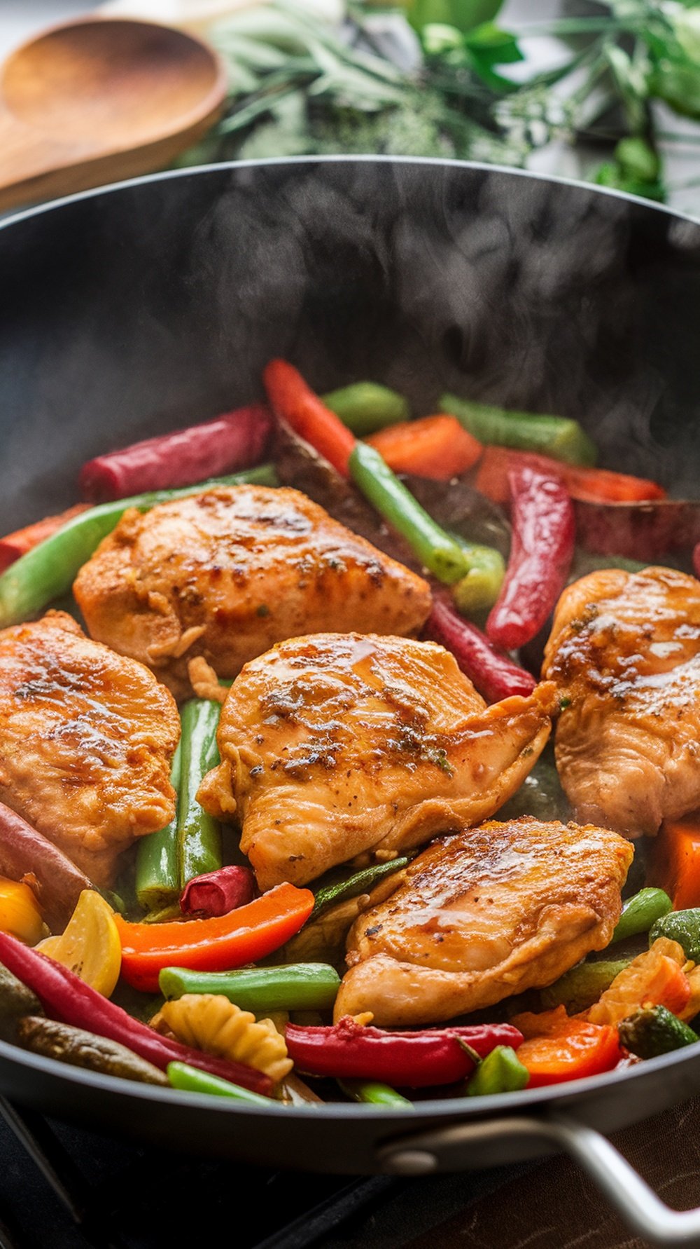 Honey Garlic Chicken Stir-Fry with colorful vegetables in a pan.