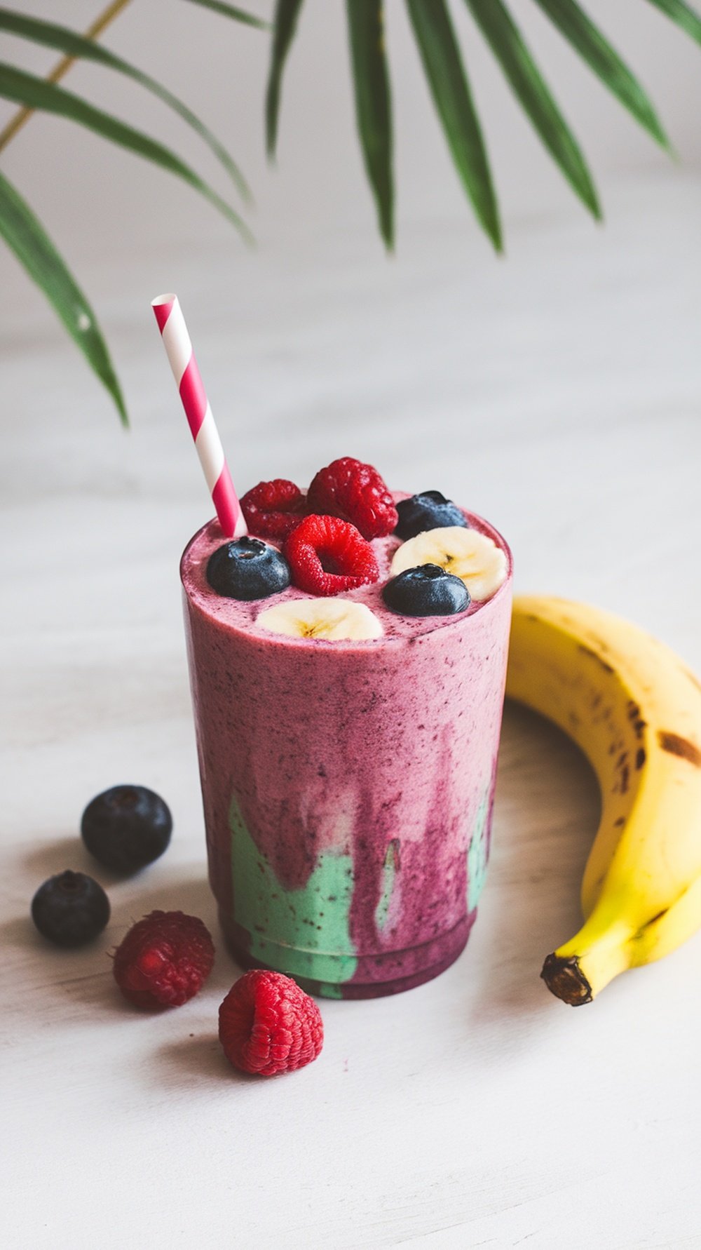 A colorful Berry Banana Blast smoothie topped with fresh raspberries and blueberries, with a banana beside it.
