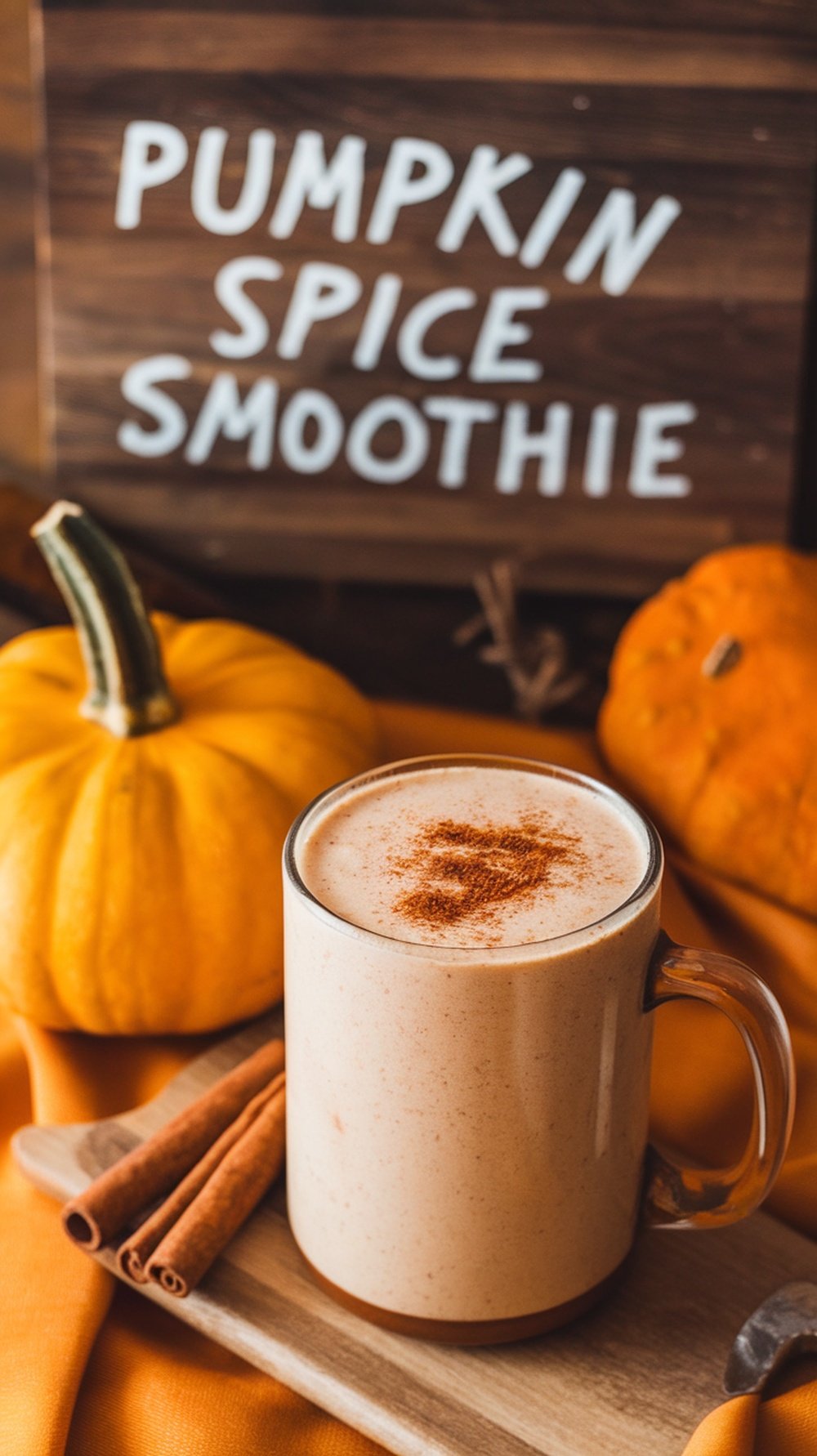 A Pumpkin Spice Smoothie in a glass with pumpkins and cinnamon sticks in the background.
