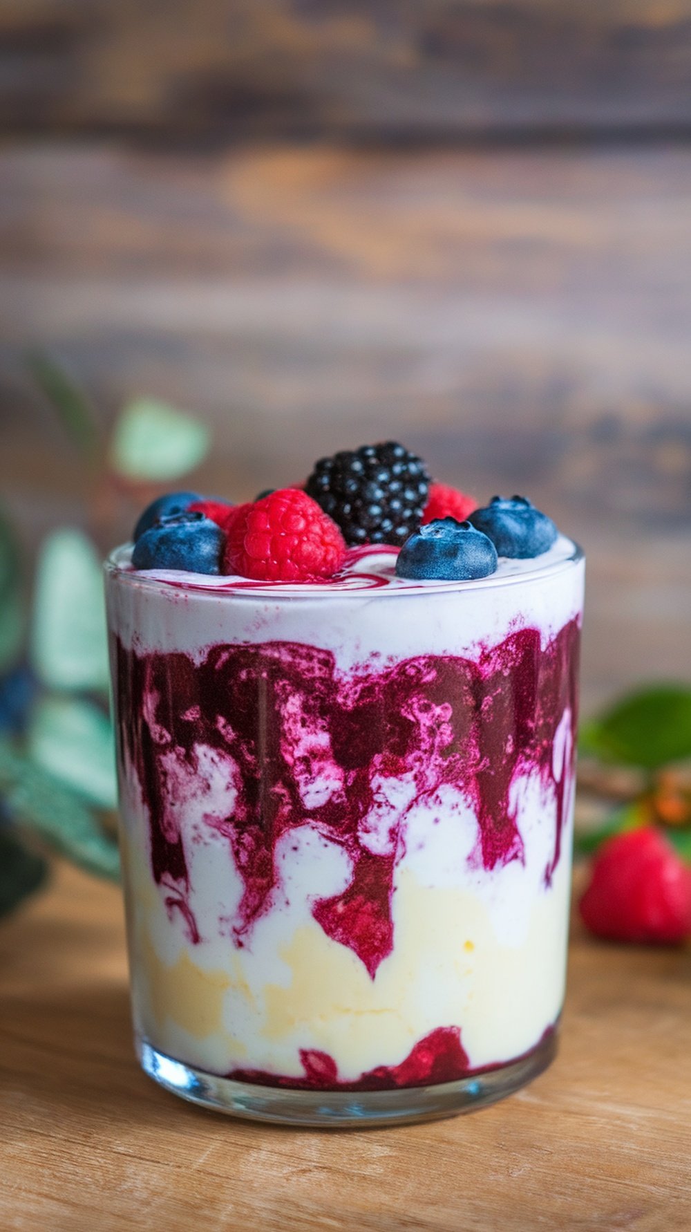 A colorful Berry Yogurt Swirl smoothie in a glass, topped with fresh berries.