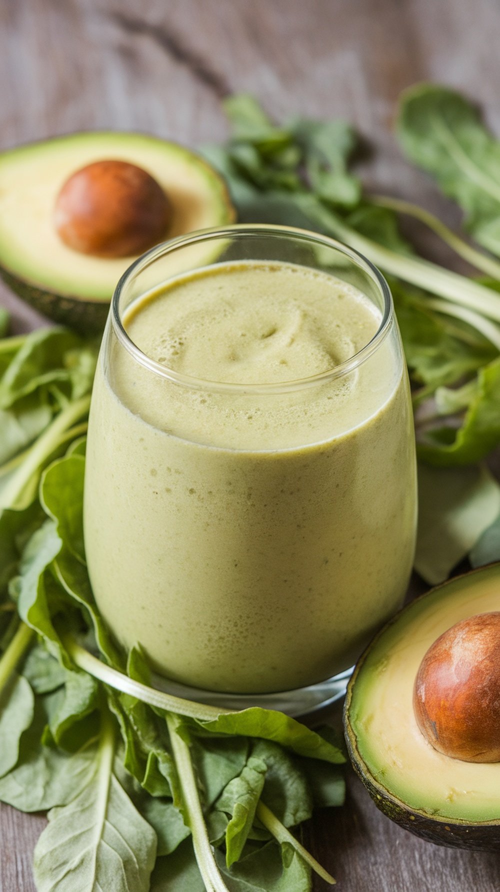 A glass of avocado green smoothie surrounded by fresh spinach and ripe avocados.