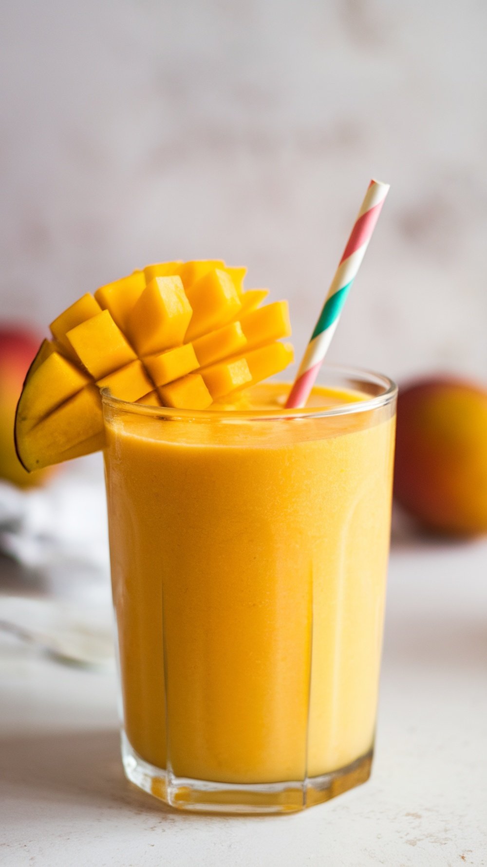 A refreshing mango smoothie in a glass with a colorful straw and a slice of mango on top.