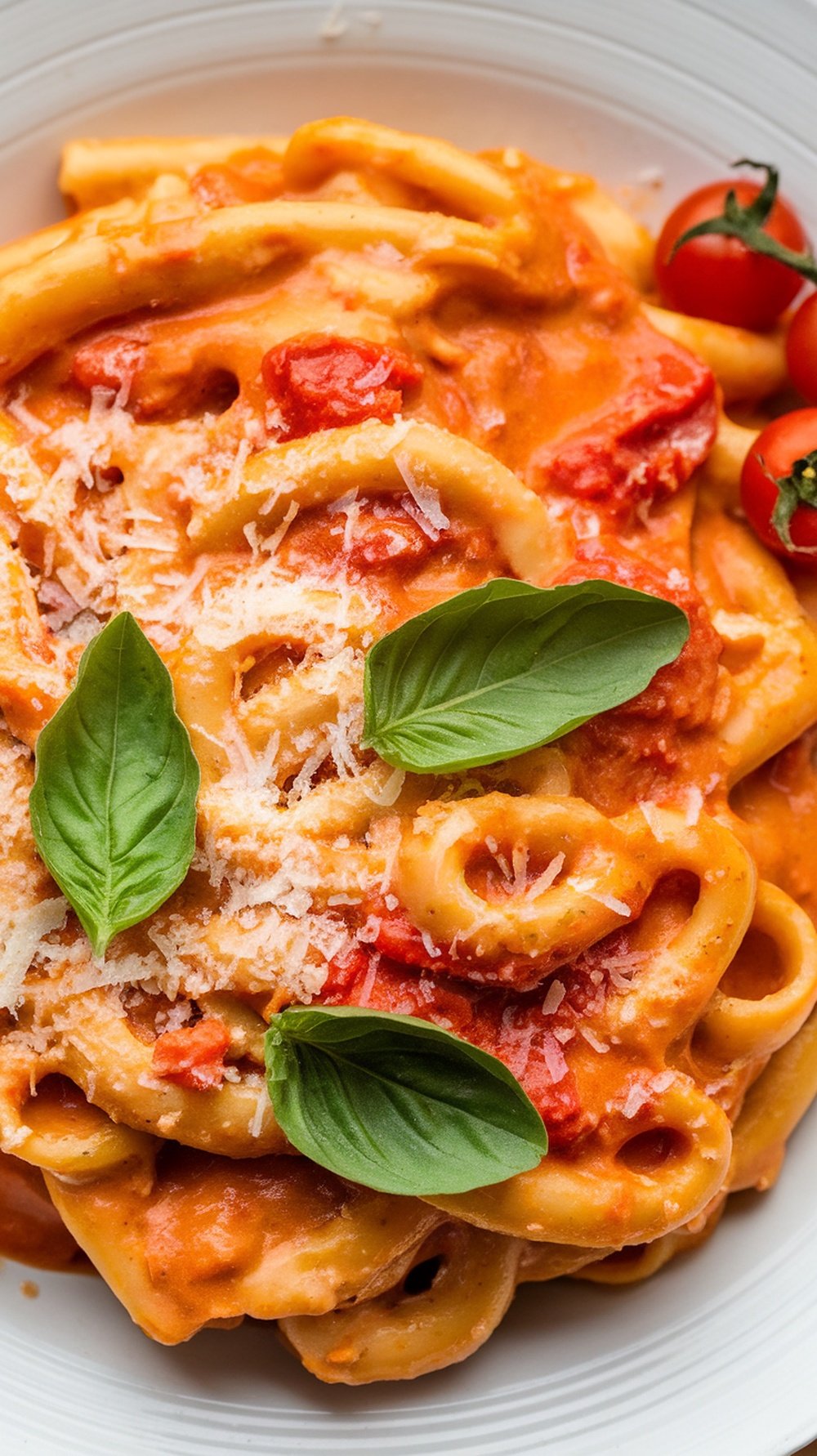 A bowl of creamy tomato basil pasta topped with fresh basil leaves and grated cheese.