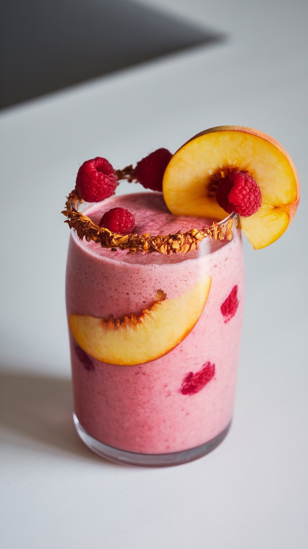 A vibrant raspberry peach smoothie topped with fresh peach slices and raspberries.