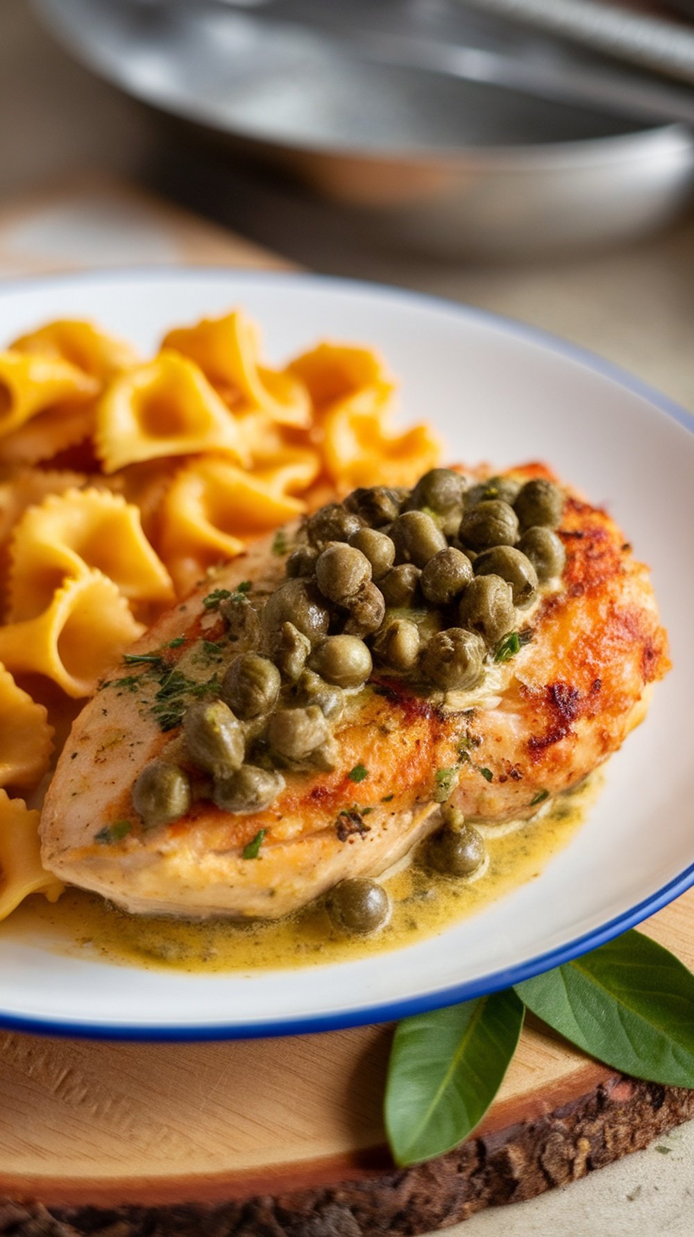 A plate of Chicken Piccata with lemon capers and bowtie pasta.