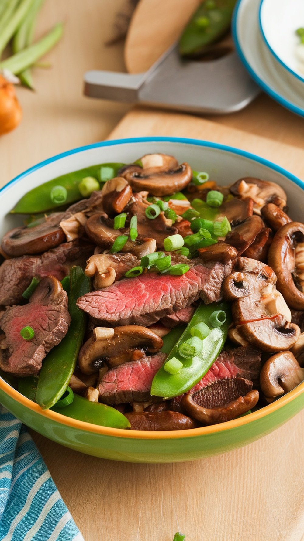 A colorful bowl of beef and mushroom stir-fry with green snap peas and sliced green onions.