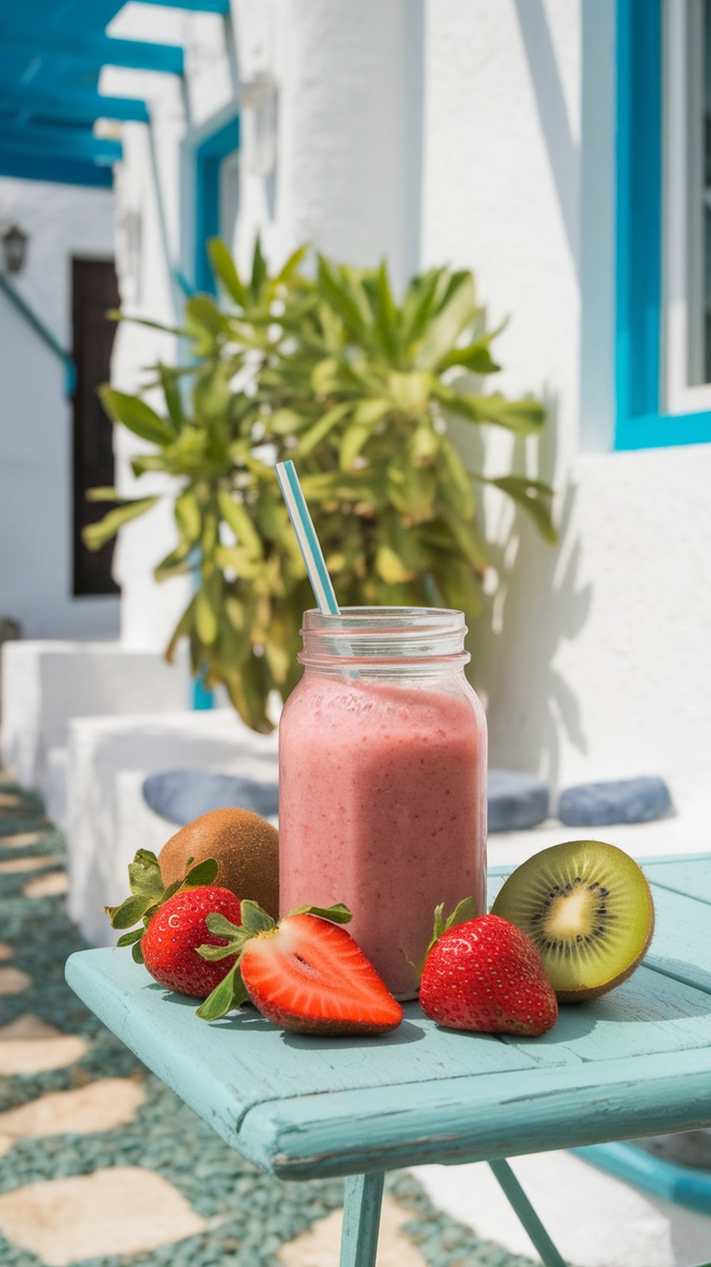 A refreshing Strawberry Kiwi Smoothie in a jar with fresh strawberries and kiwi on a blue table.
