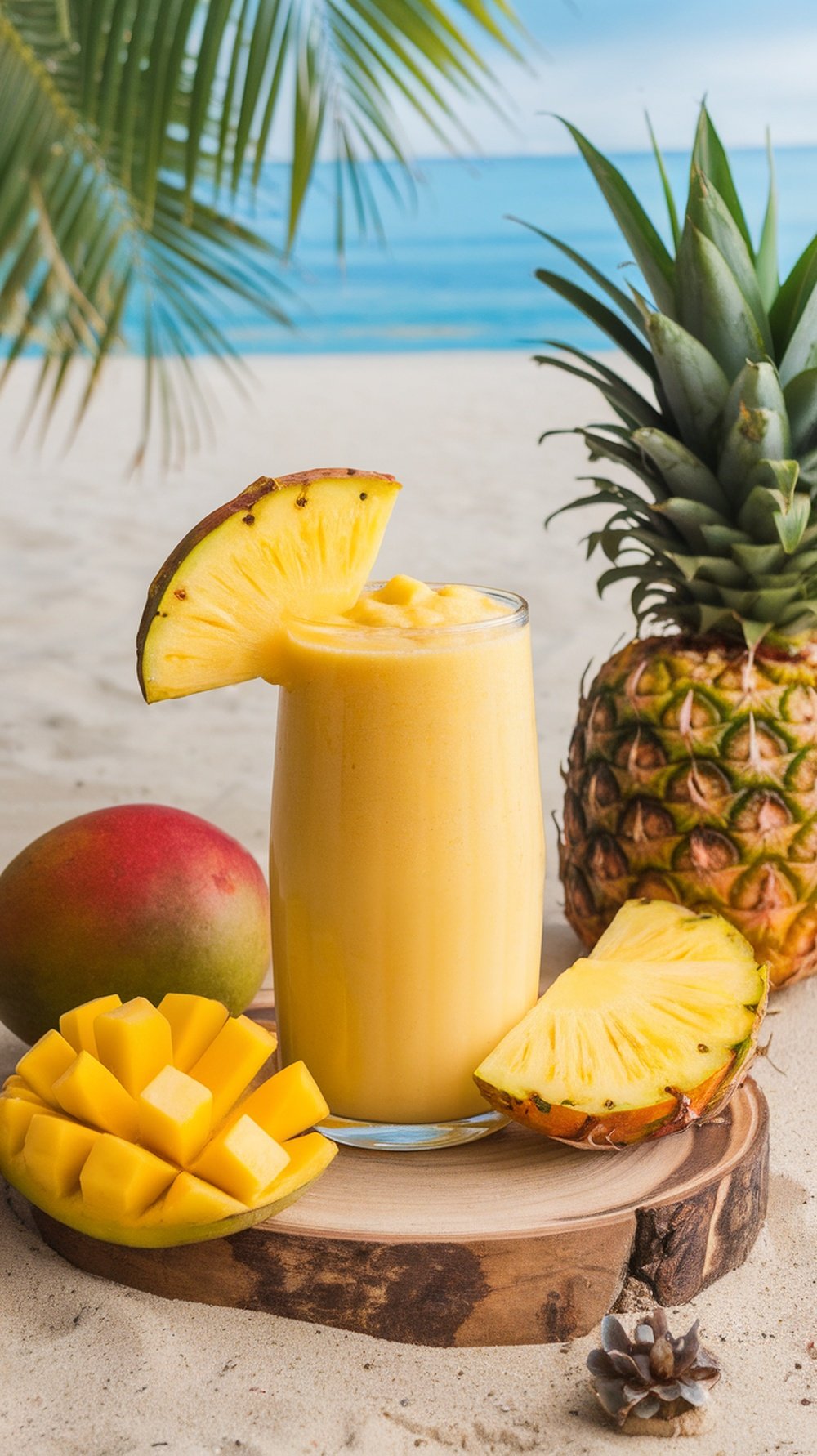 A refreshing mango pineapple smoothie on a beach setting with tropical fruits.