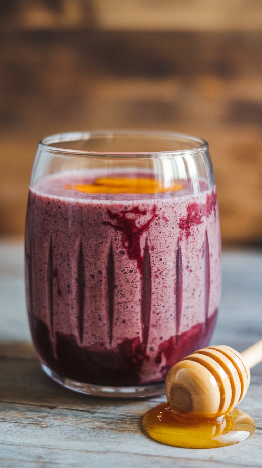 Açaí smoothie in a glass with honey drizzled on the side