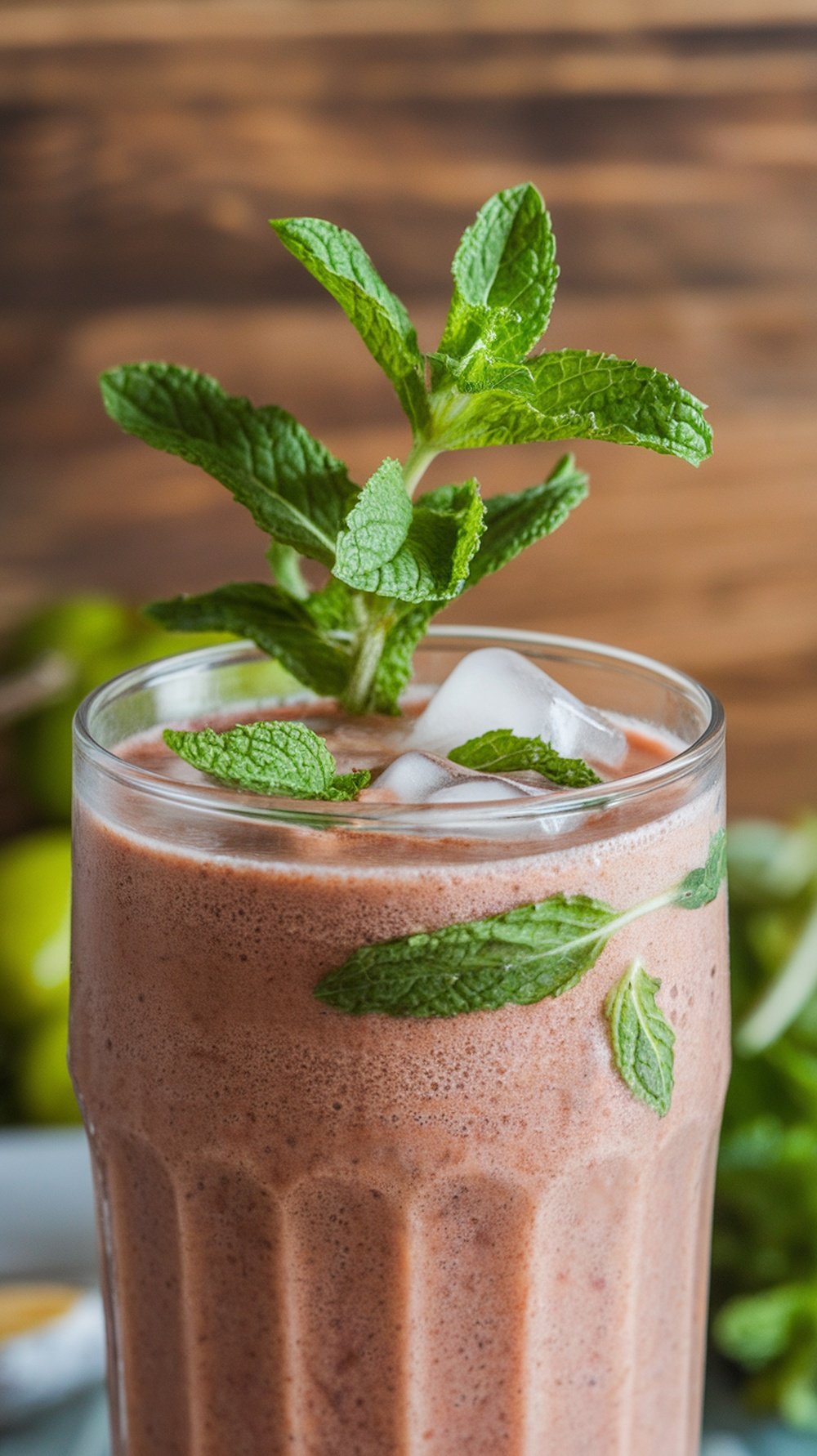 A refreshing minty açaí smoothie garnished with fresh mint leaves in a glass.