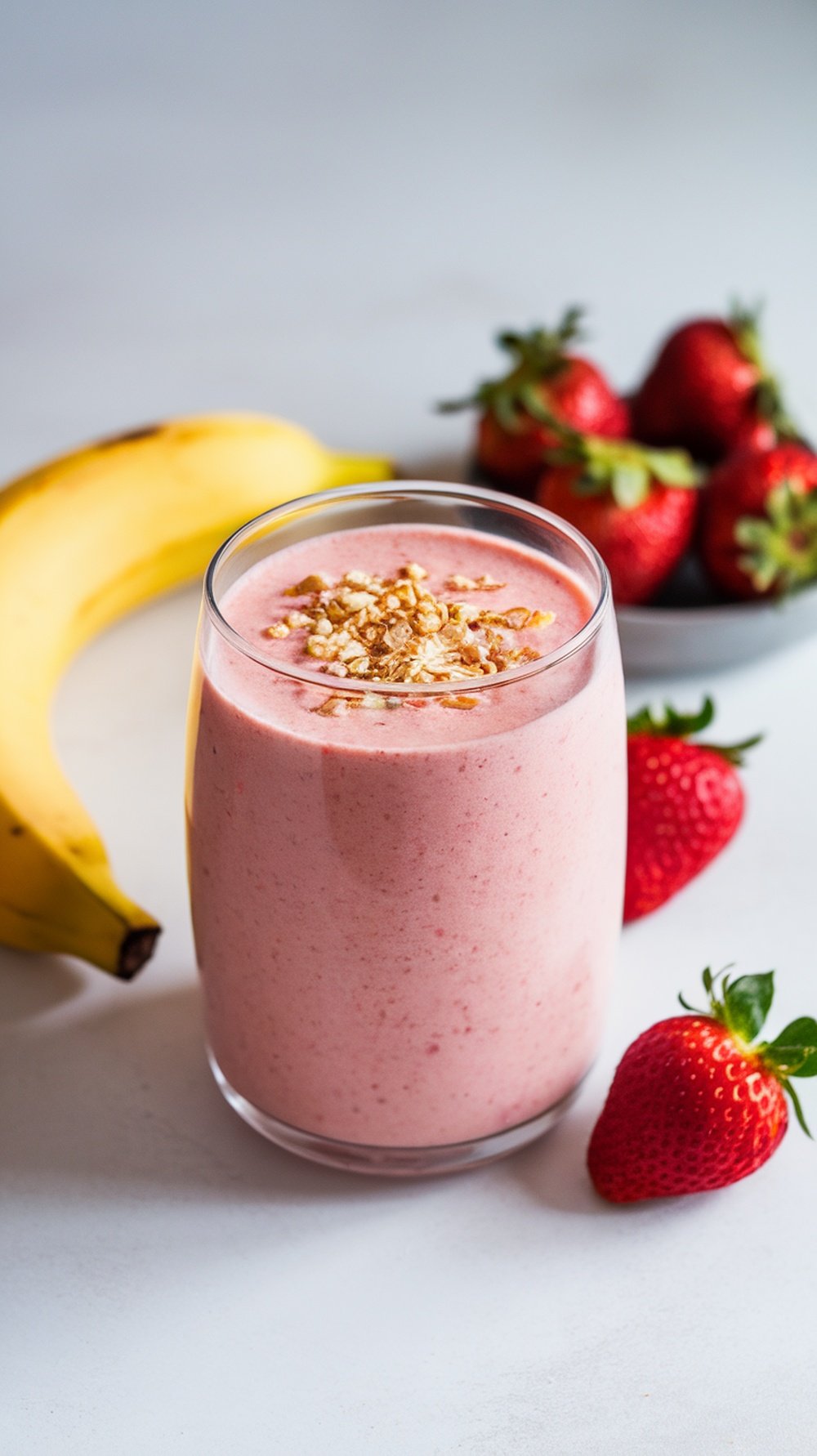A glass of strawberry banana smoothie topped with granola, with fresh strawberries and a banana in the background.