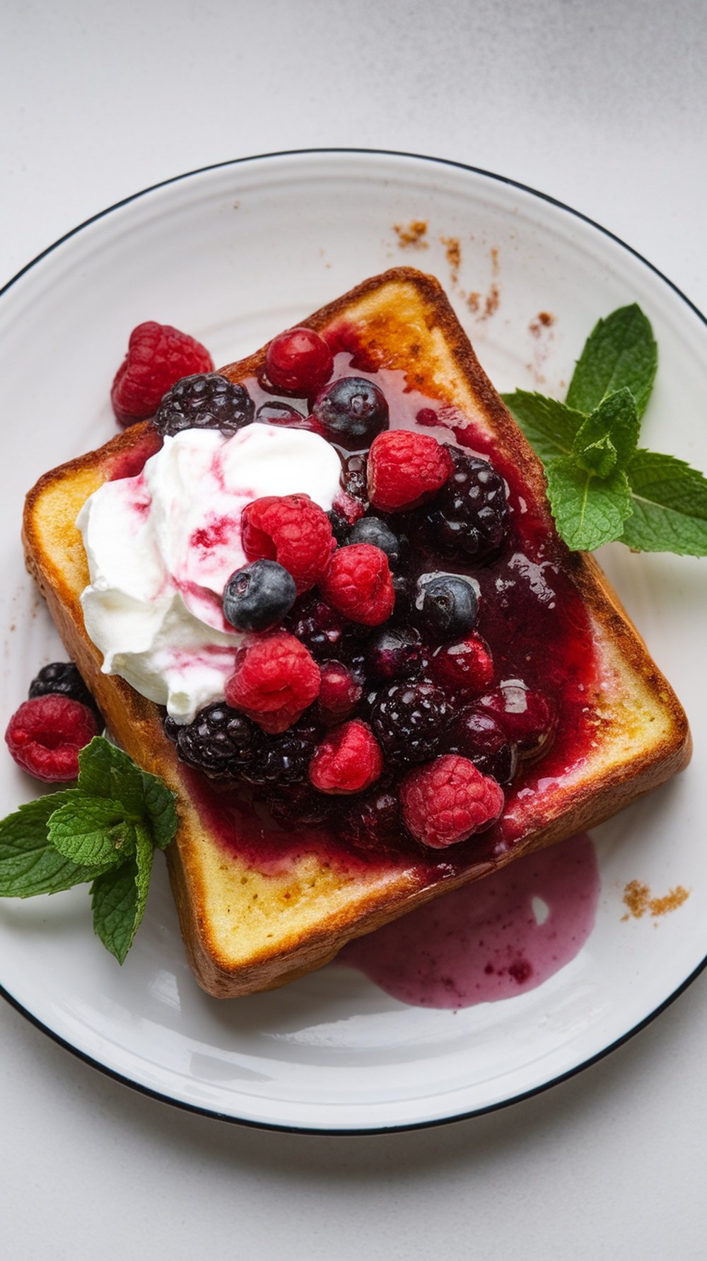 A slice of French toast topped with berry compote and whipped cream, garnished with mint leaves.