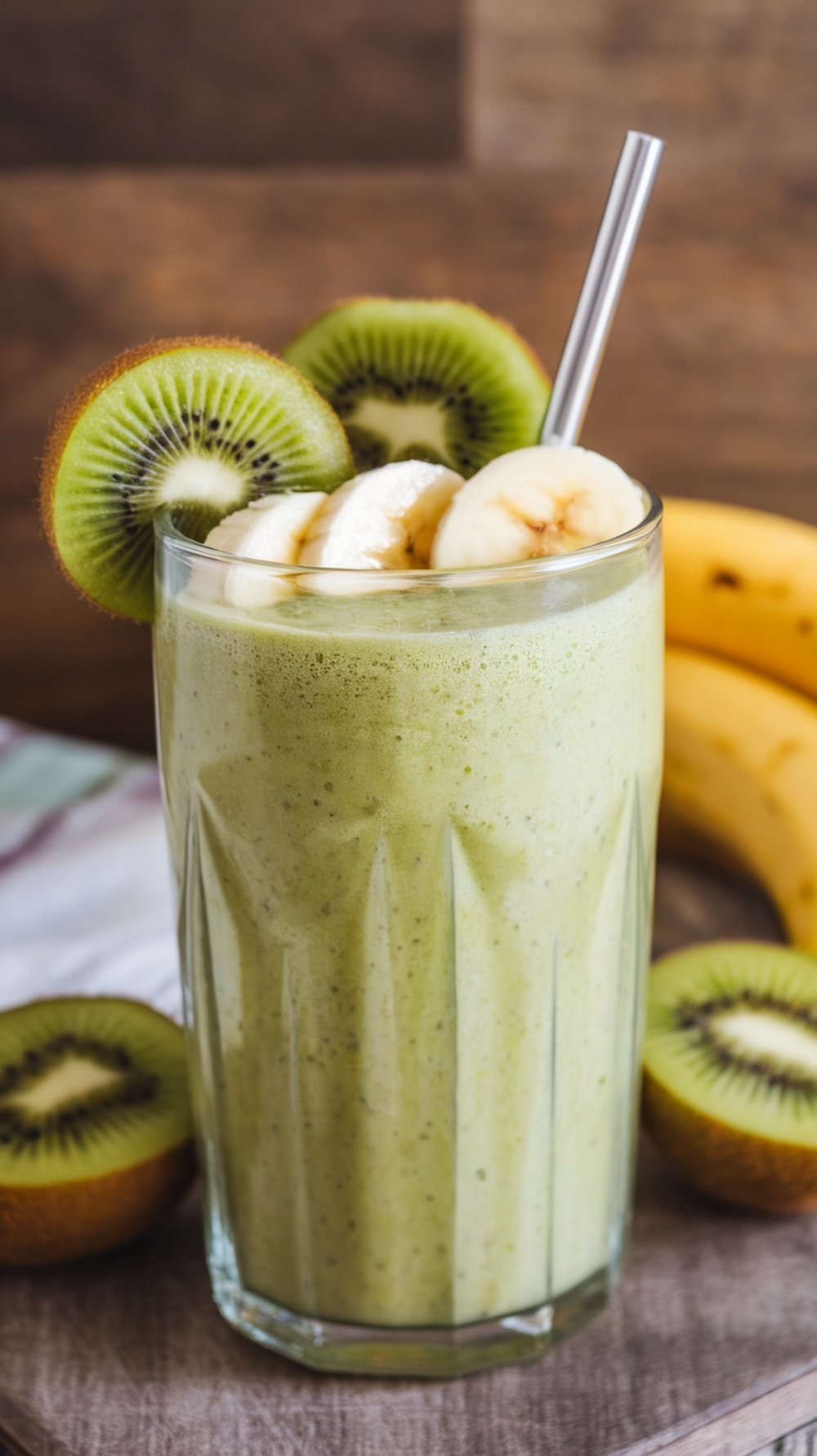 A refreshing Kiwi Banana Fusion smoothie in a tall glass, topped with banana and kiwi slices, with whole bananas and kiwis in the background.
