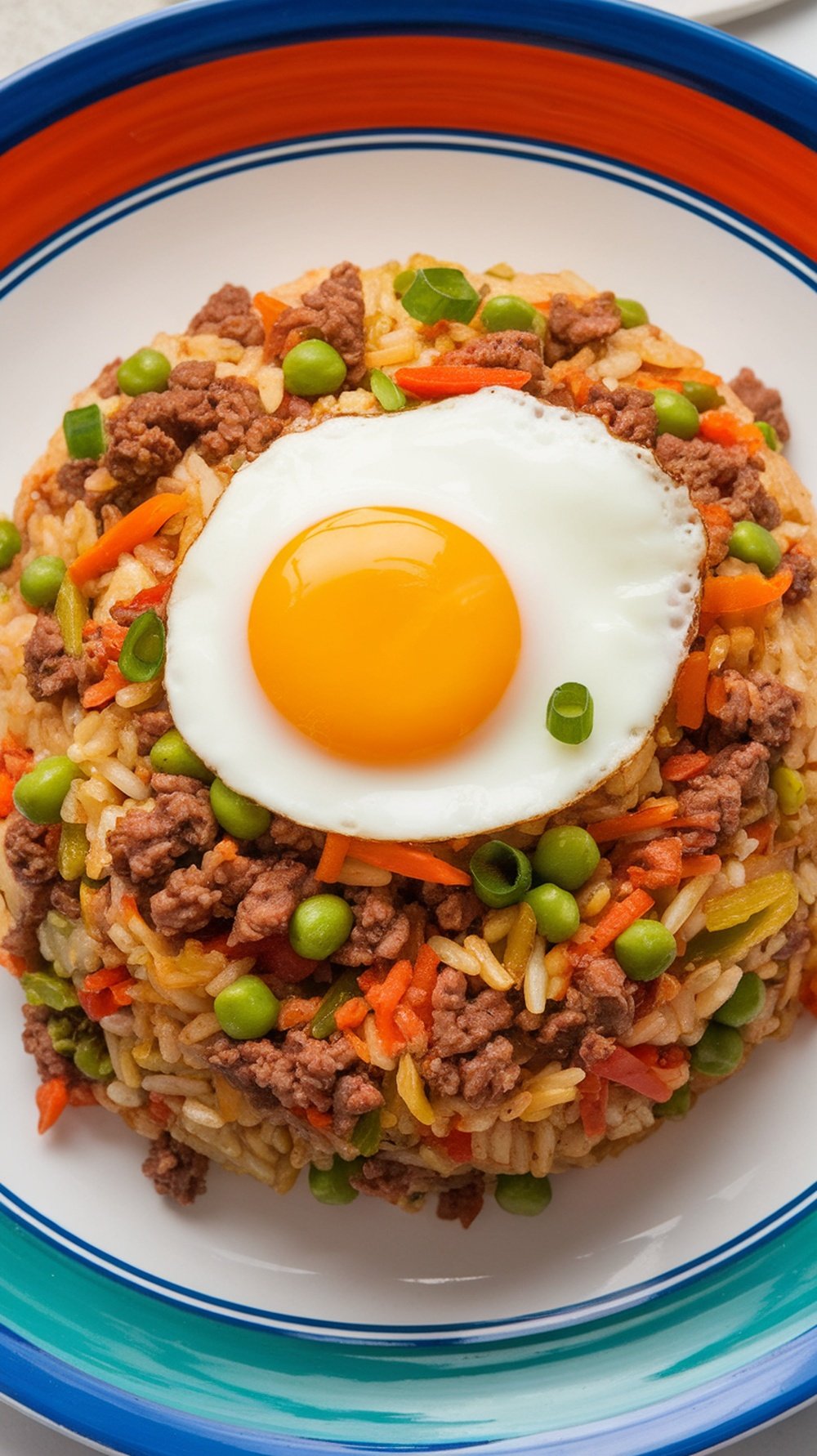 A colorful plate of ground beef fried rice topped with a sunny-side-up egg.