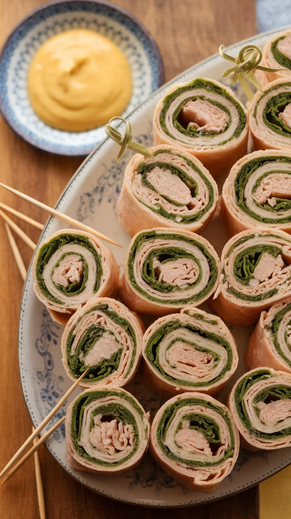 A plate of turkey and spinach roll-ups with a side of mustard