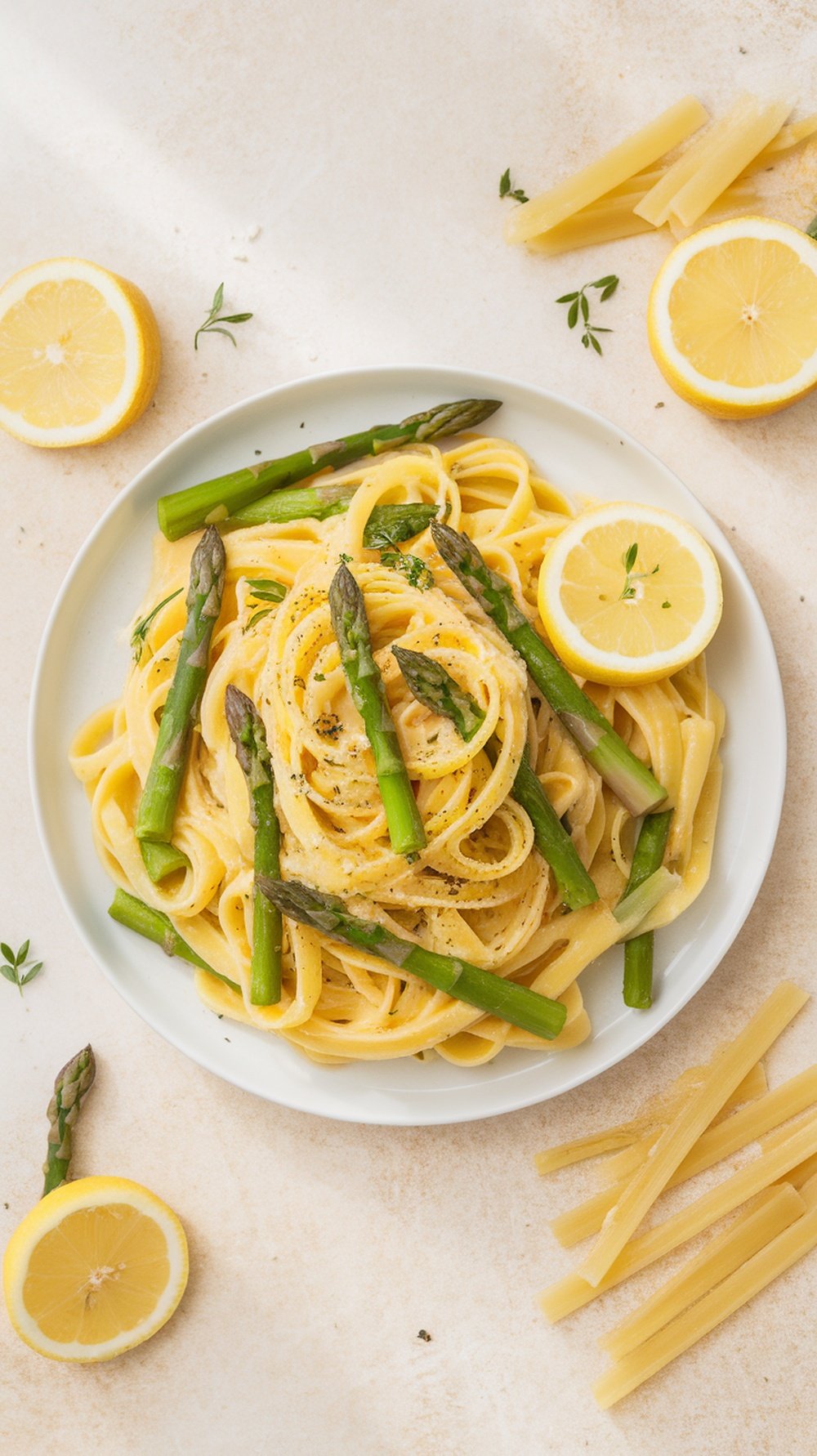 A plate of lemon butter pasta with asparagus, garnished with lemon slices and fresh herbs.