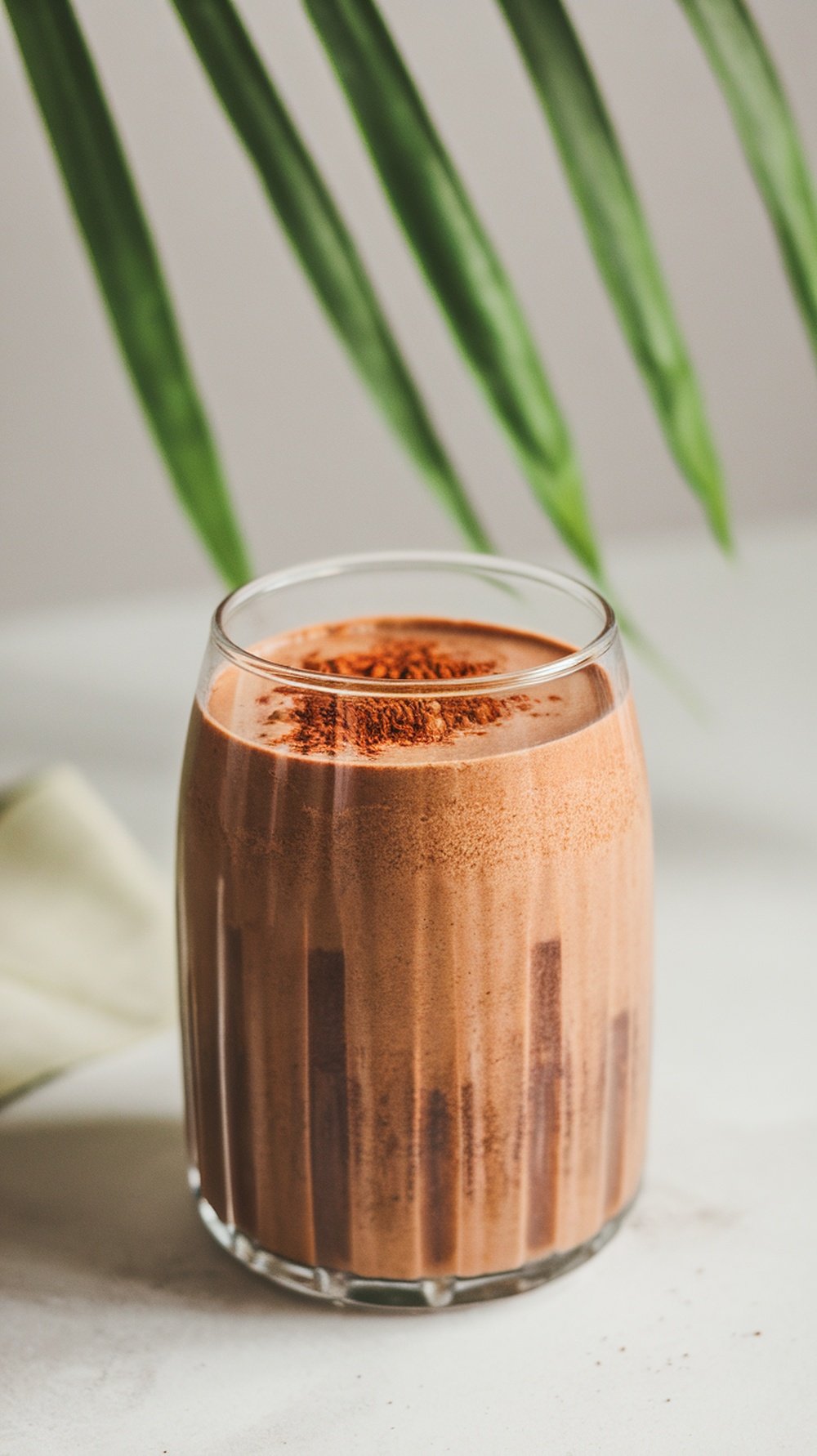 A chocolate açaí smoothie in a glass, topped with cocoa powder, with green leaves in the background.
