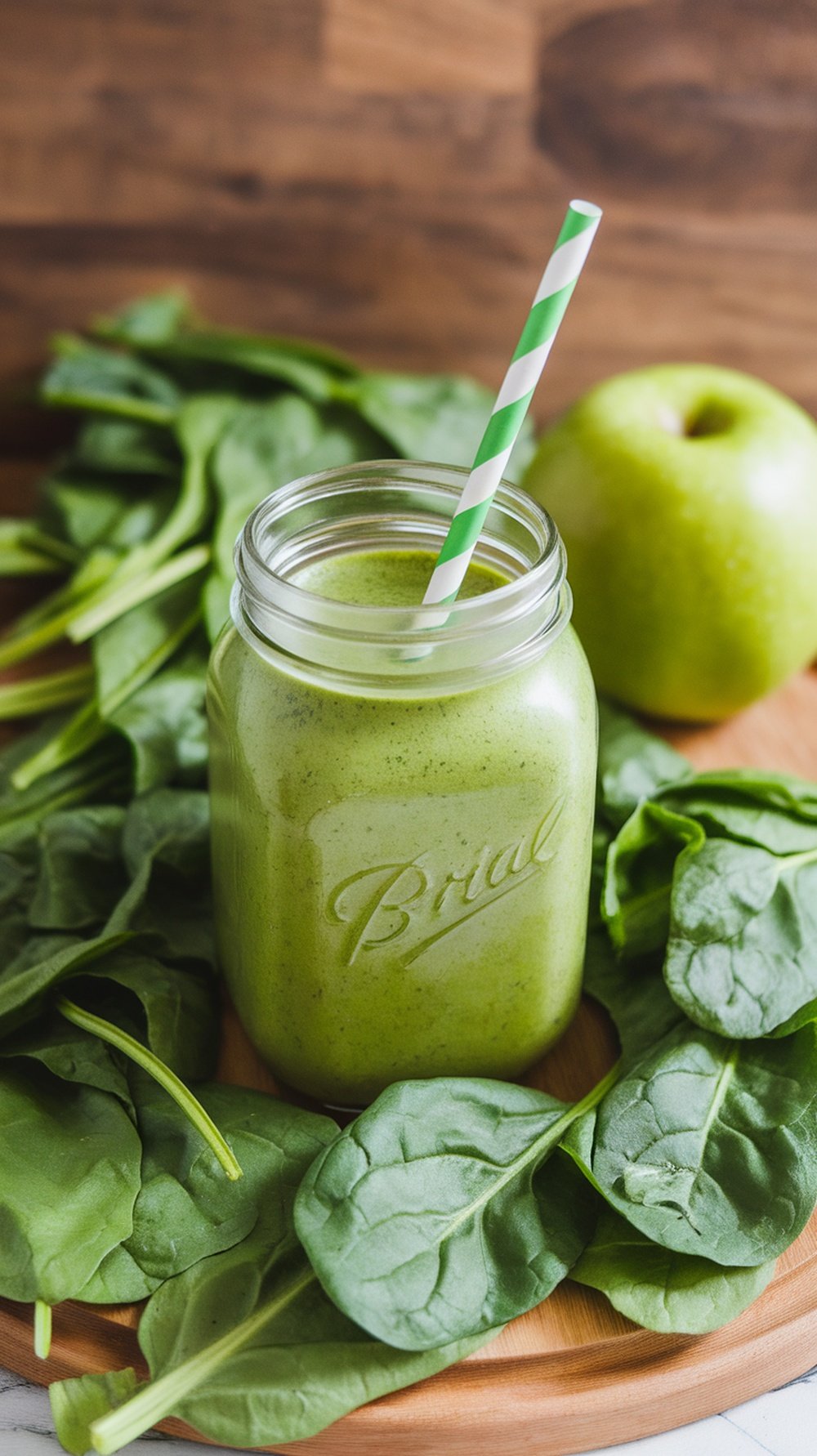A green smoothie in a glass jar with a striped straw, surrounded by fresh spinach and a green apple.
