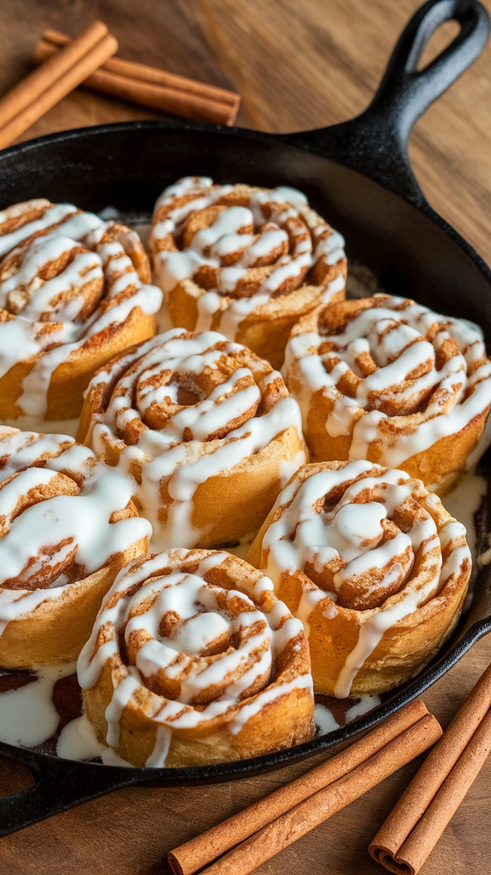 Cinnamon Roll French Toast Bake in a cast iron skillet with icing and cinnamon sticks