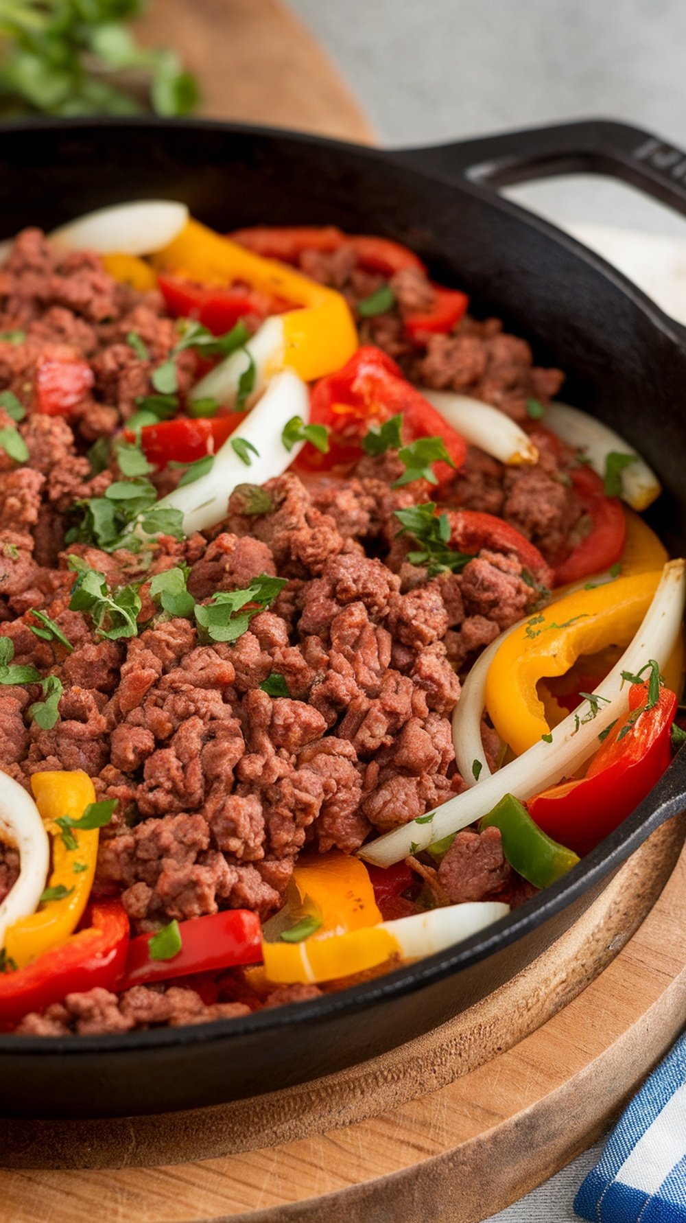 A skillet filled with cooked ground beef and colorful bell peppers and onions.