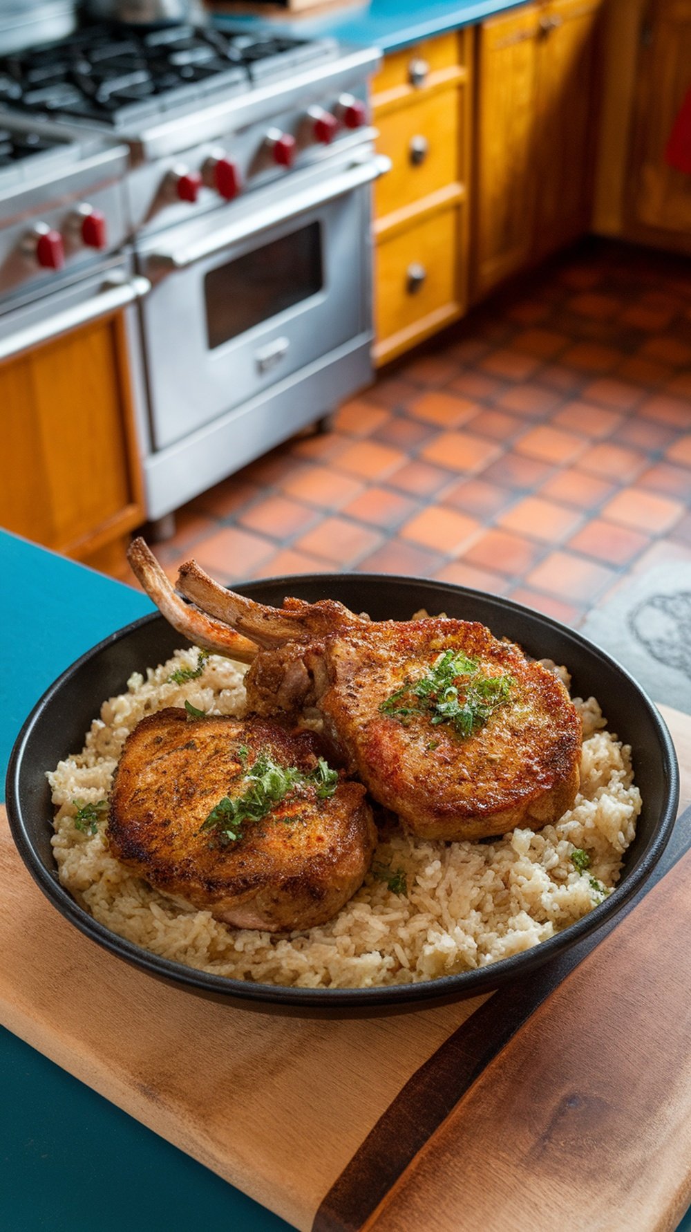 Spicy Cajun pork chops served on rice in a kitchen setting