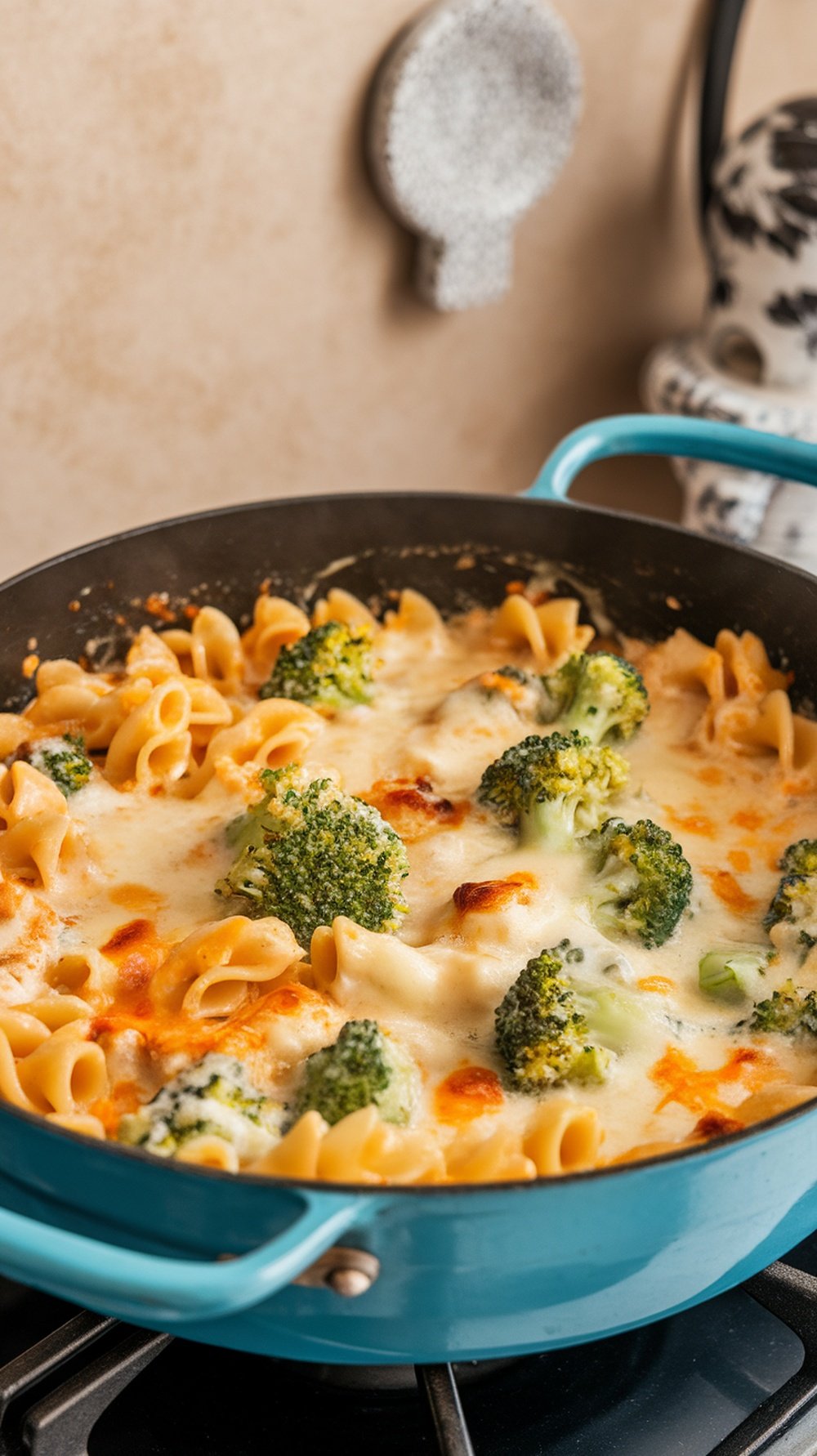 A pot of cheesy broccoli pasta with melted cheese and broccoli florets, cooking on the stove.