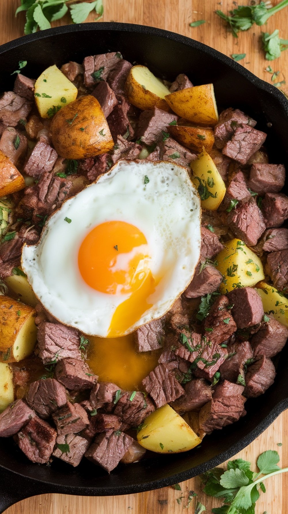 A skillet of beef and potato hash topped with a fried egg and garnished with herbs.