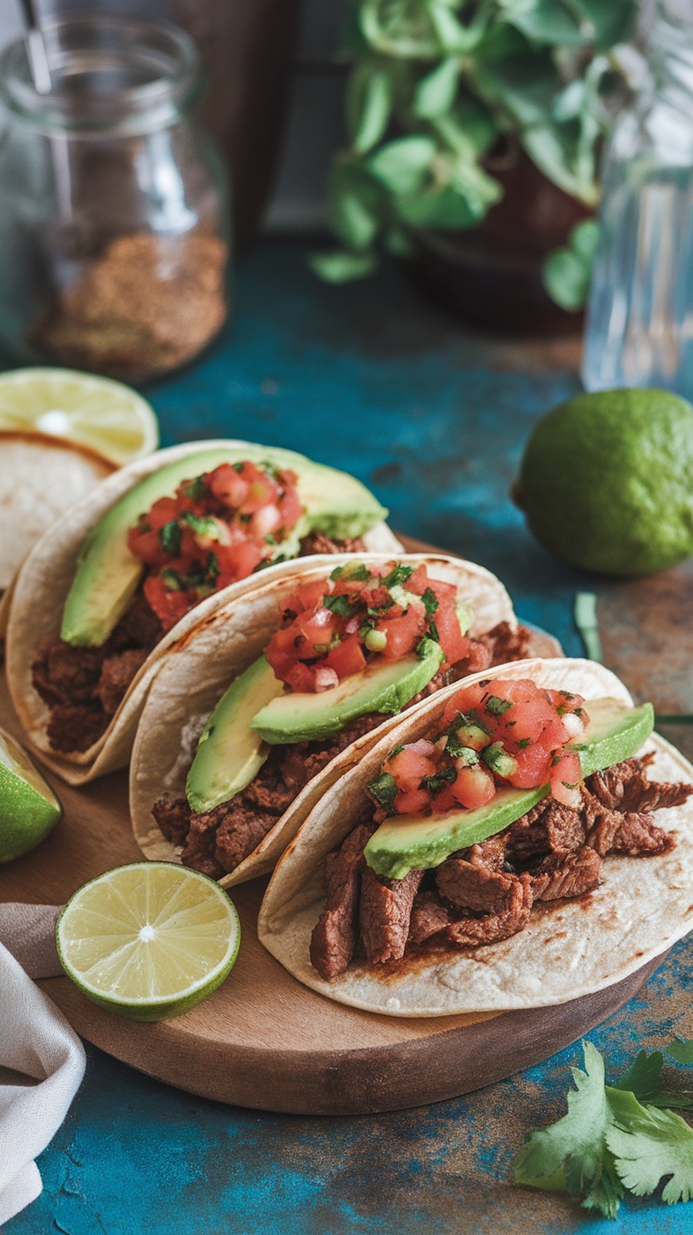 Three beef tacos filled with ground beef, fresh salsa, and avocado slices on a wooden platter with lime wedges.