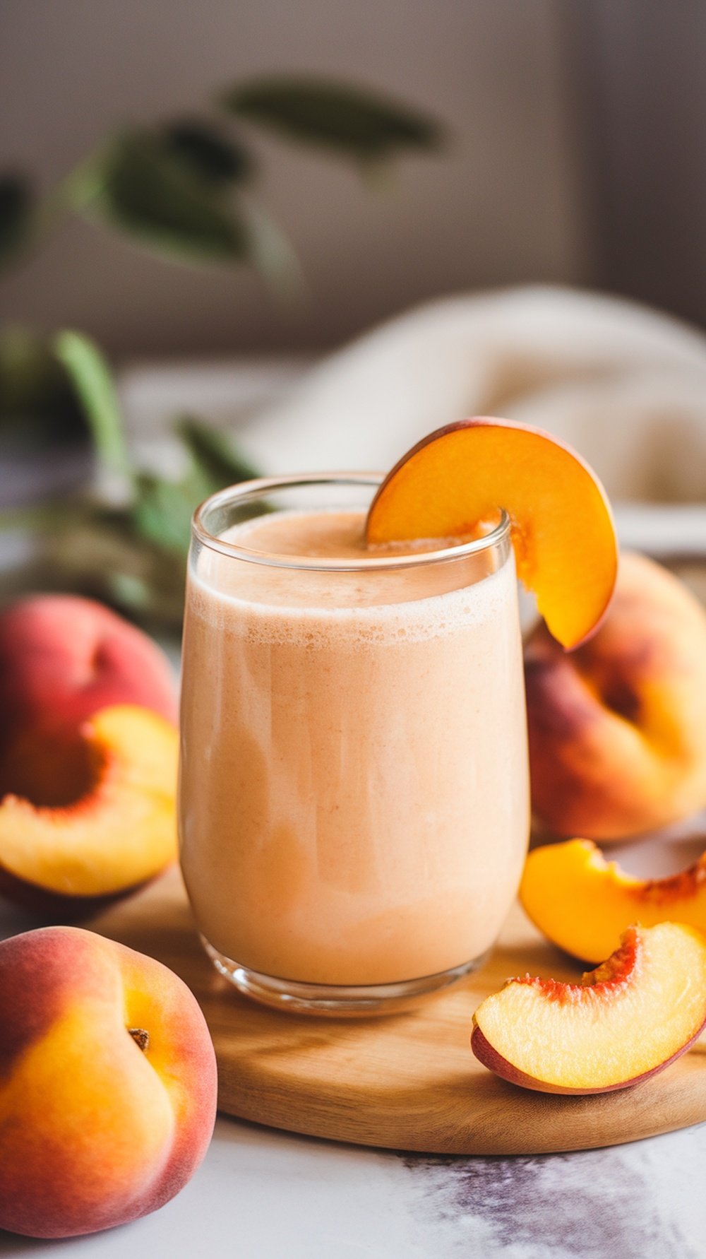 A refreshing peach smoothie in a glass with peach slices around it.