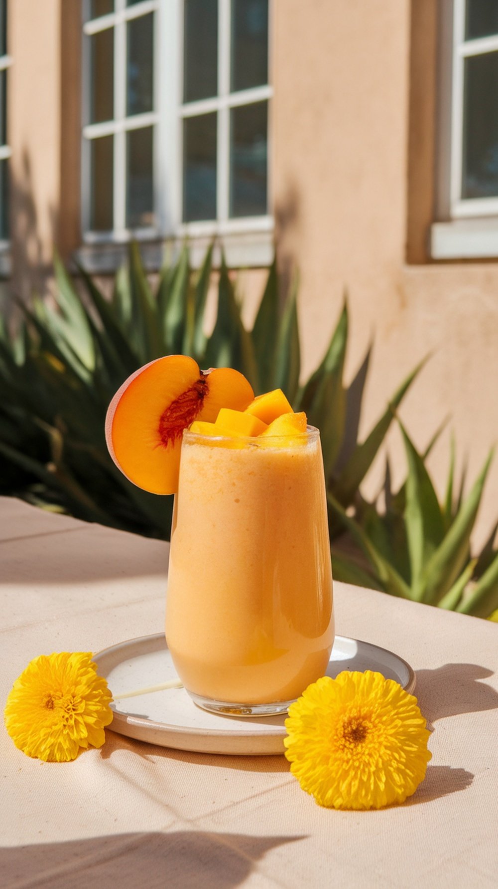 A refreshing peach mango smoothie topped with peach slices and mango chunks, surrounded by yellow flowers and greenery.