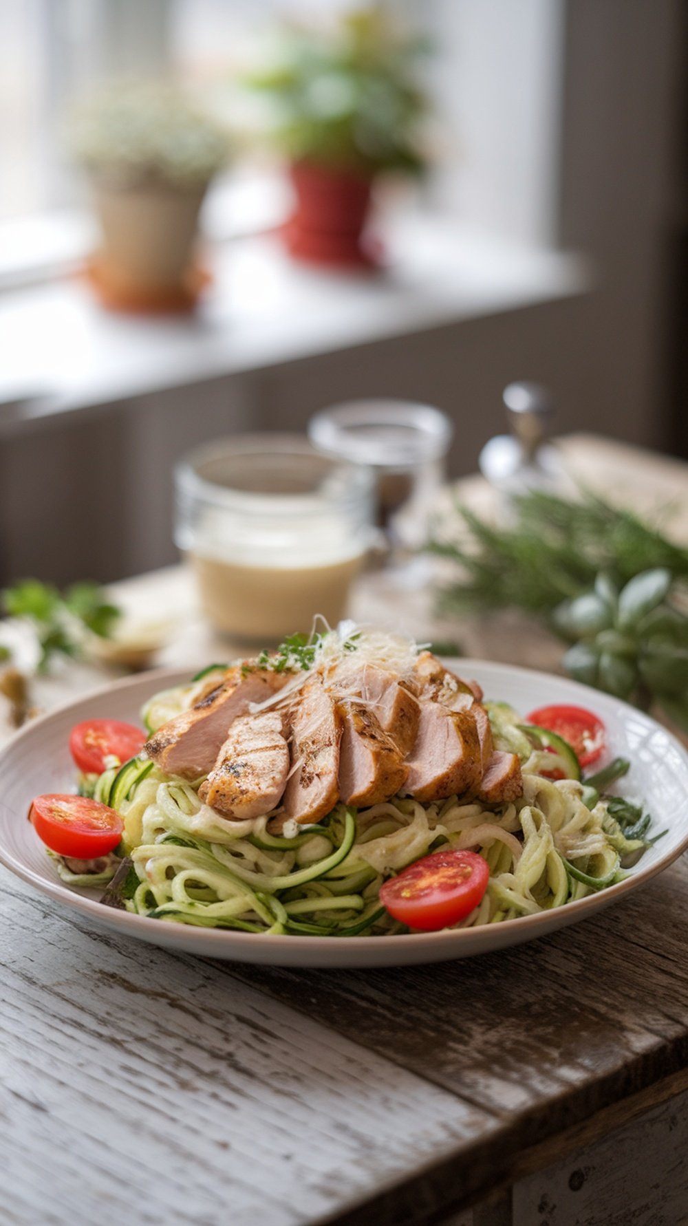 A plate of zucchini noodle salad topped with grilled chicken and cherry tomatoes, garnished with herbs.
