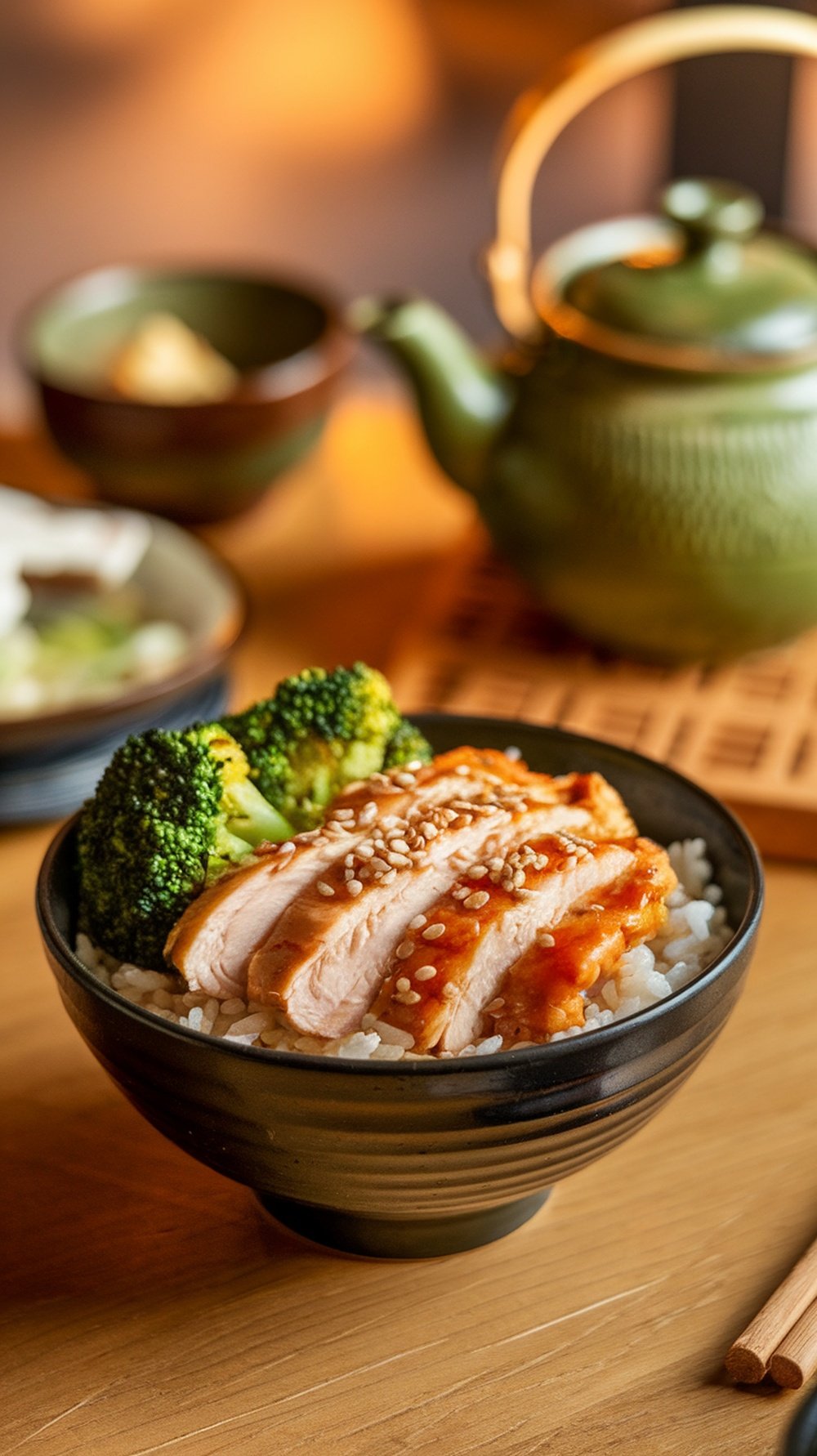 A delicious Teriyaki Chicken Rice Bowl with sliced chicken, broccoli, and rice.