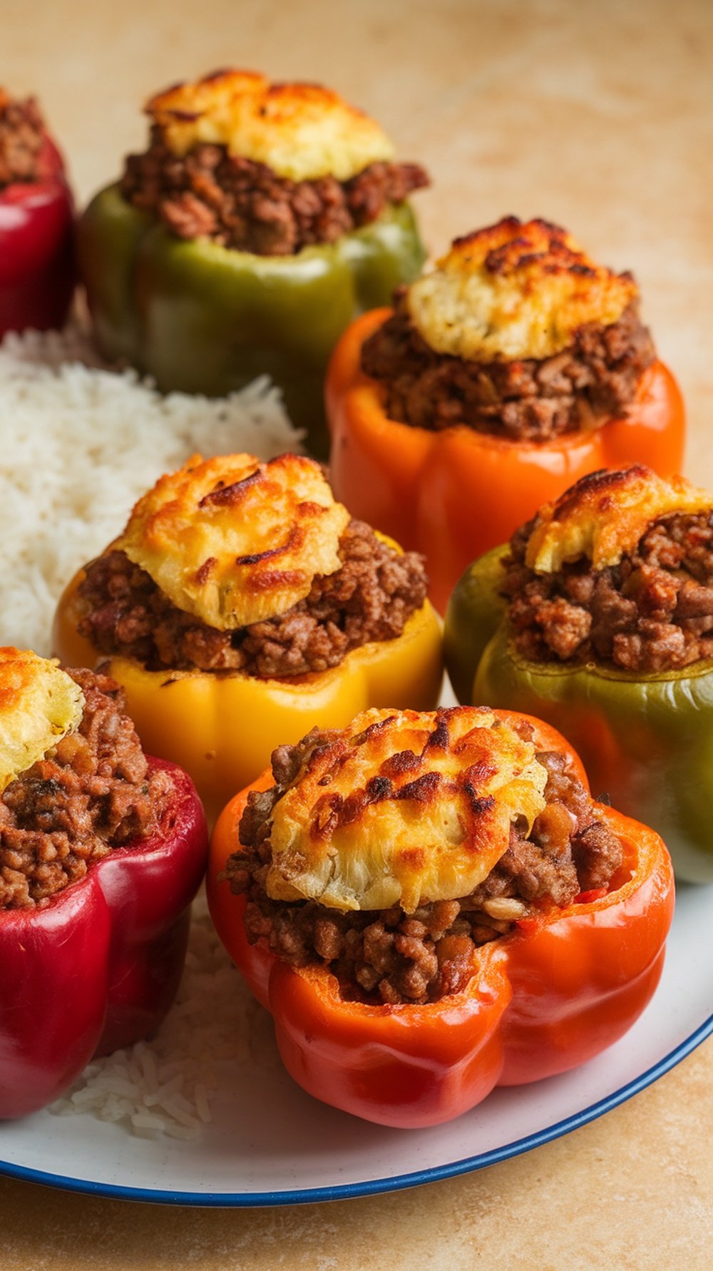 Colorful stuffed bell peppers filled with ground beef and topped with melted cheese, served on a plate with rice.