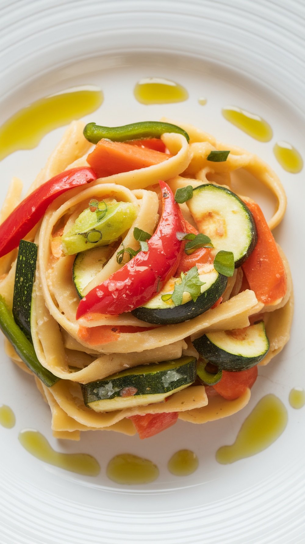 A plate of Pasta Primavera featuring fettuccine and colorful vegetables including bell peppers, zucchini, and carrots, drizzled with olive oil.
