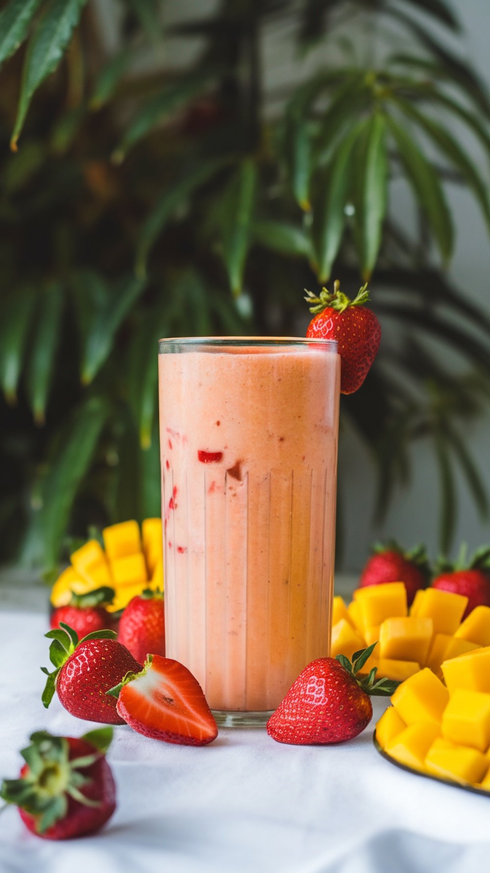 A refreshing mango strawberry smoothie in a tall glass, surrounded by fresh strawberries and diced mango.