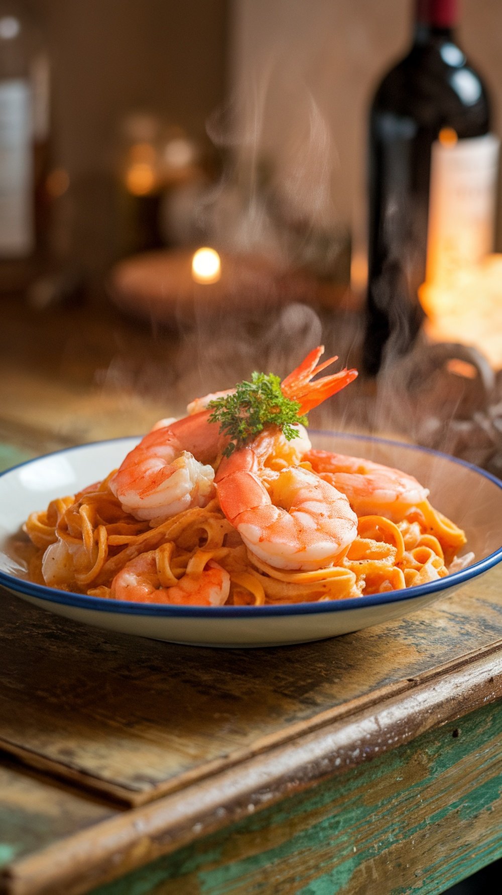 A steaming plate of garlic butter shrimp pasta with large shrimp and fettuccine, garnished with parsley.