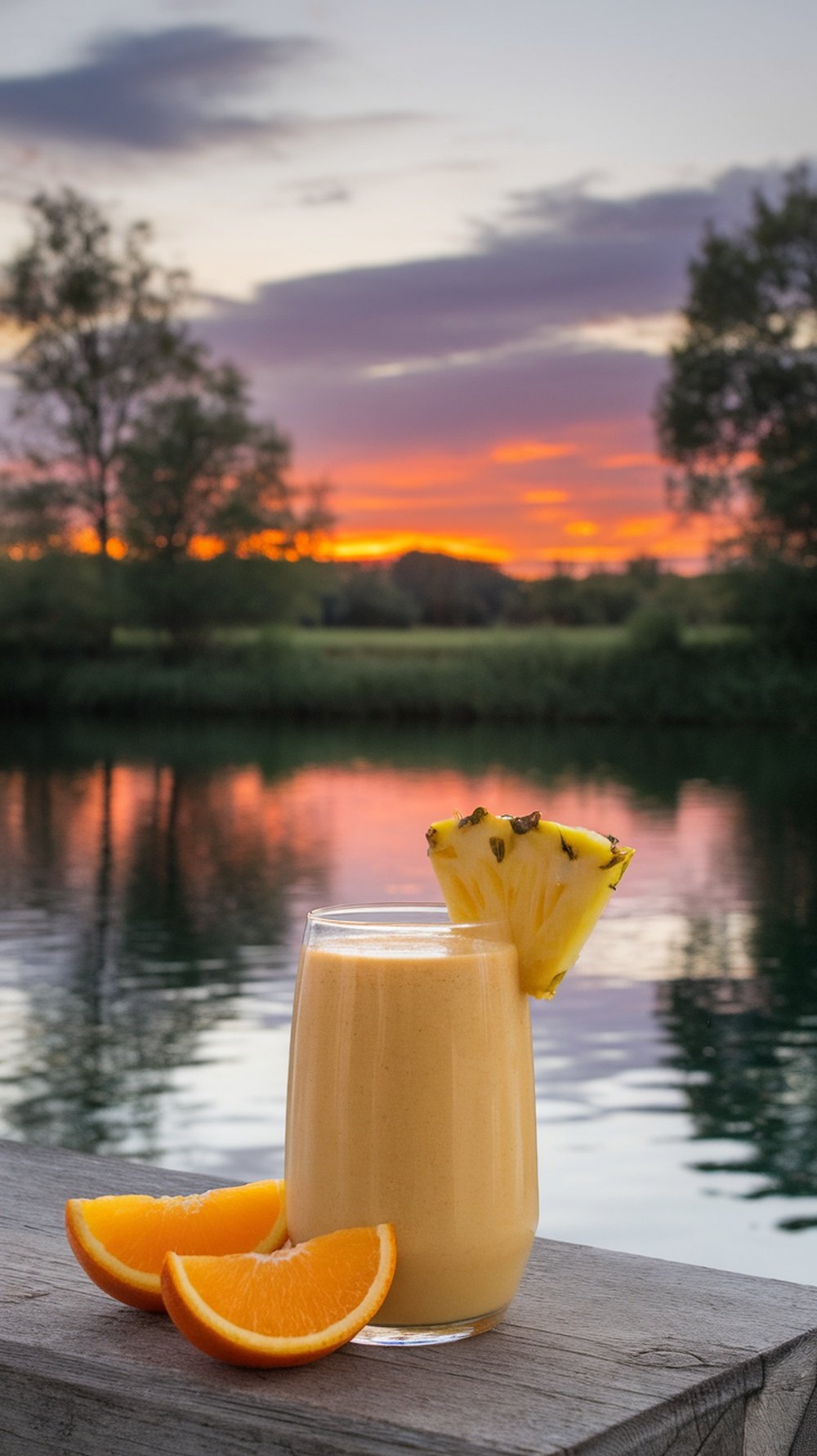 A glass of Pineapple Orange Sunrise smoothie with slices of orange and pineapple, set against a sunset by a lake.