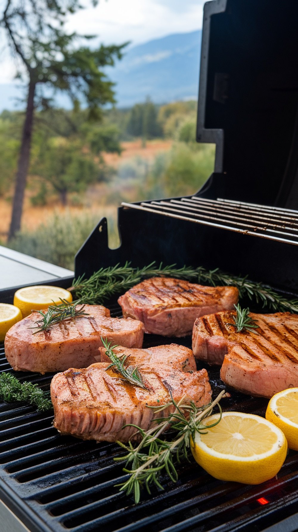 Grilled pork chops with rosemary and lemon on a grill
