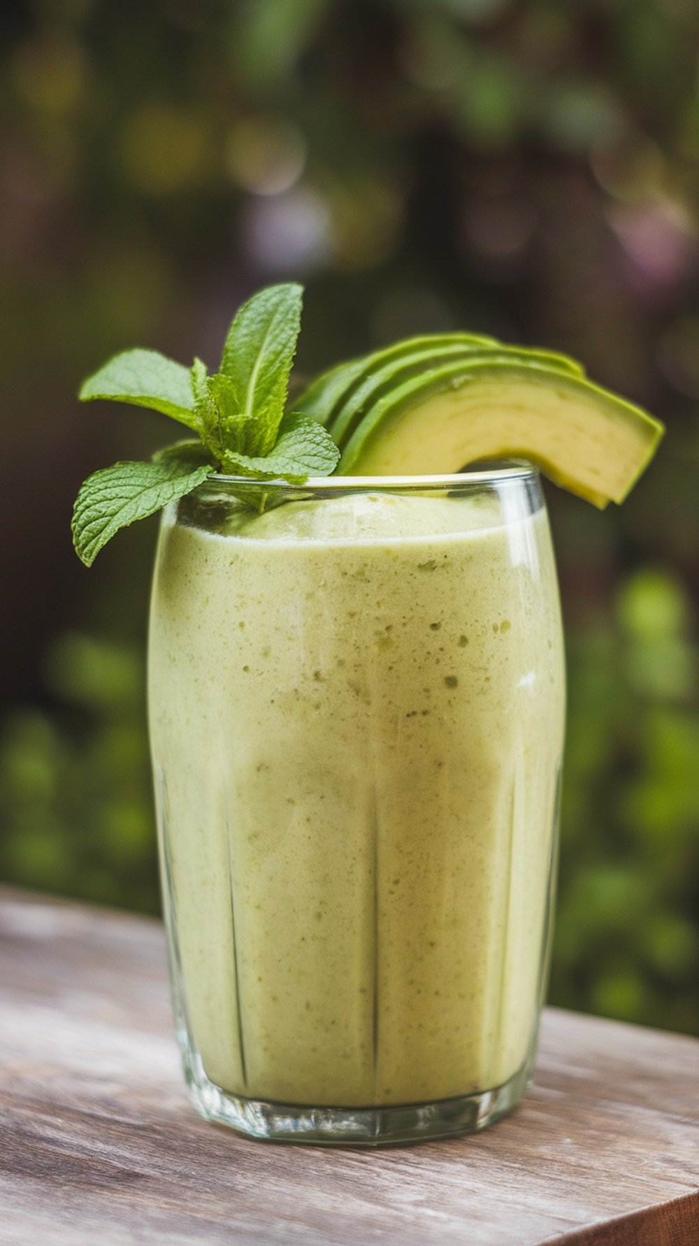 A refreshing avocado mint smoothie in a glass, garnished with mint leaves and avocado slices.