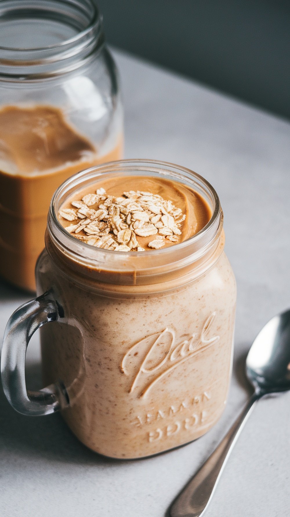 Peanut Butter Açaí Smoothie topped with oats in a mason jar