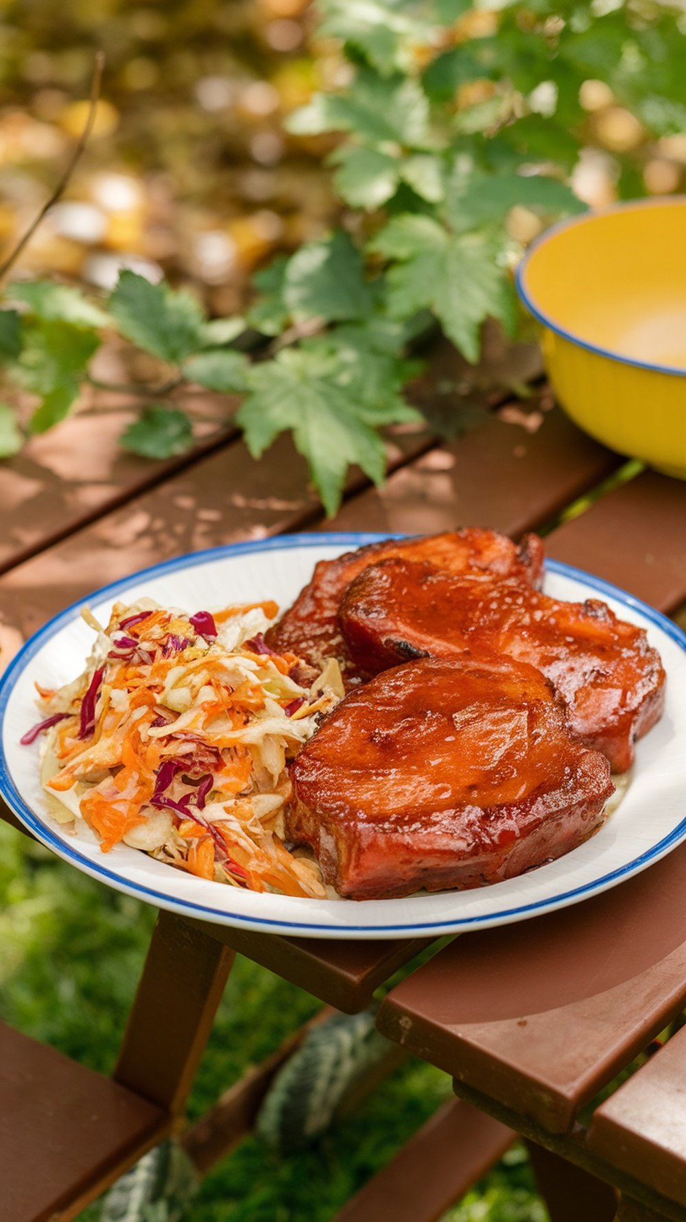 BBQ glazed pork chops served with coleslaw on a plate