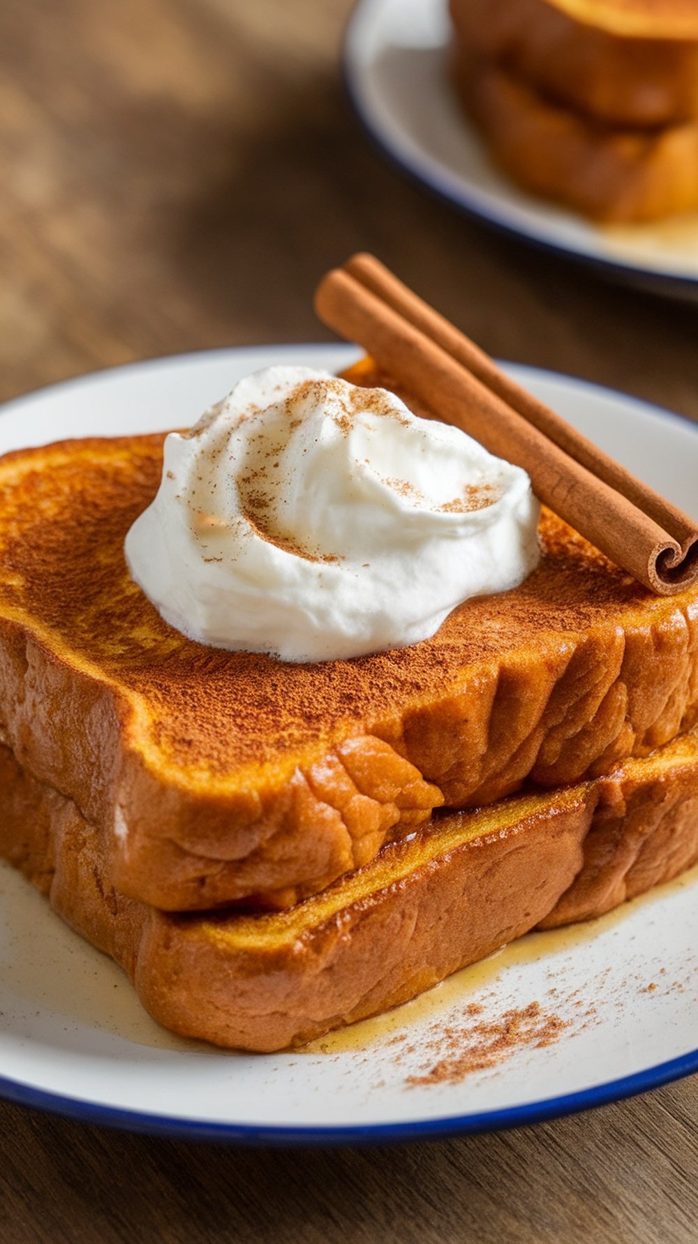 Delicious Pumpkin Spice French Toast topped with whipped cream and a cinnamon stick